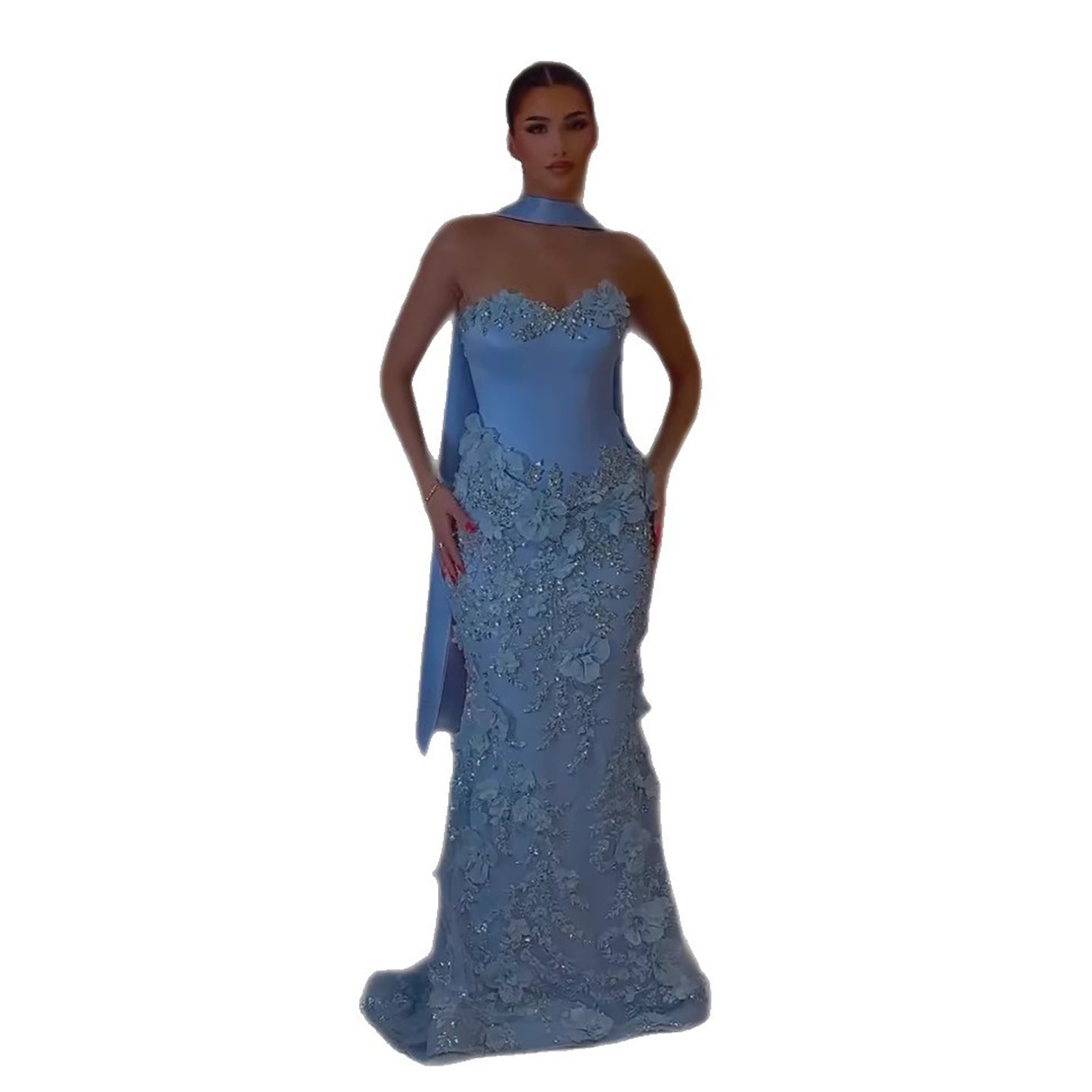 Luxury Blue 3D Flower Beaded Mermaid Evening Dress With Cape LA73593 - SERENE HILL