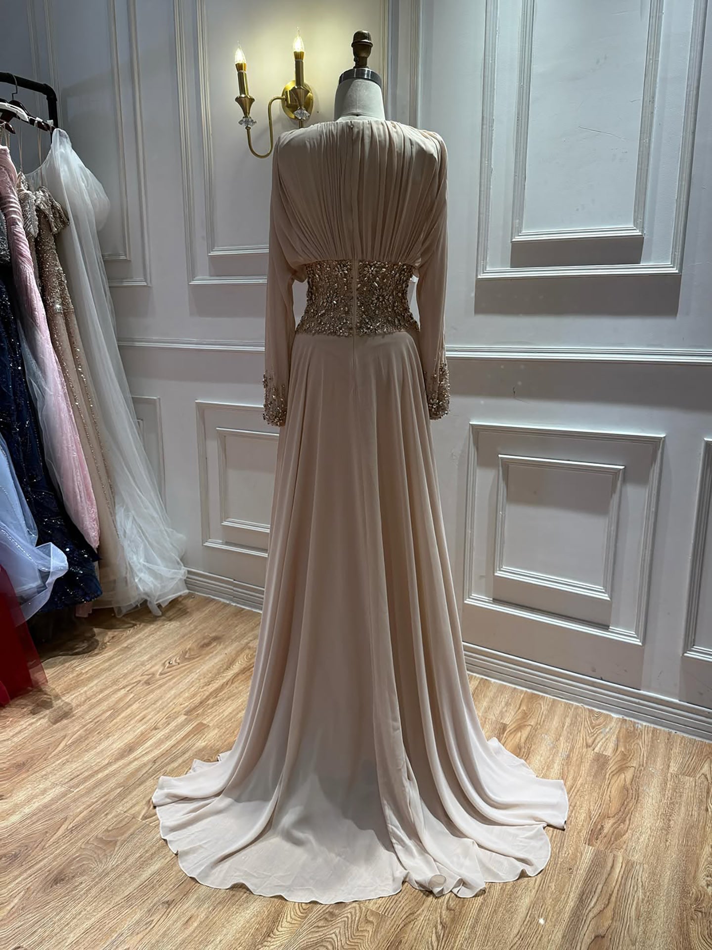 Luxury Nude Crystal Beaded Long Sleeves Evening Dress LA73598 SERENE HILL