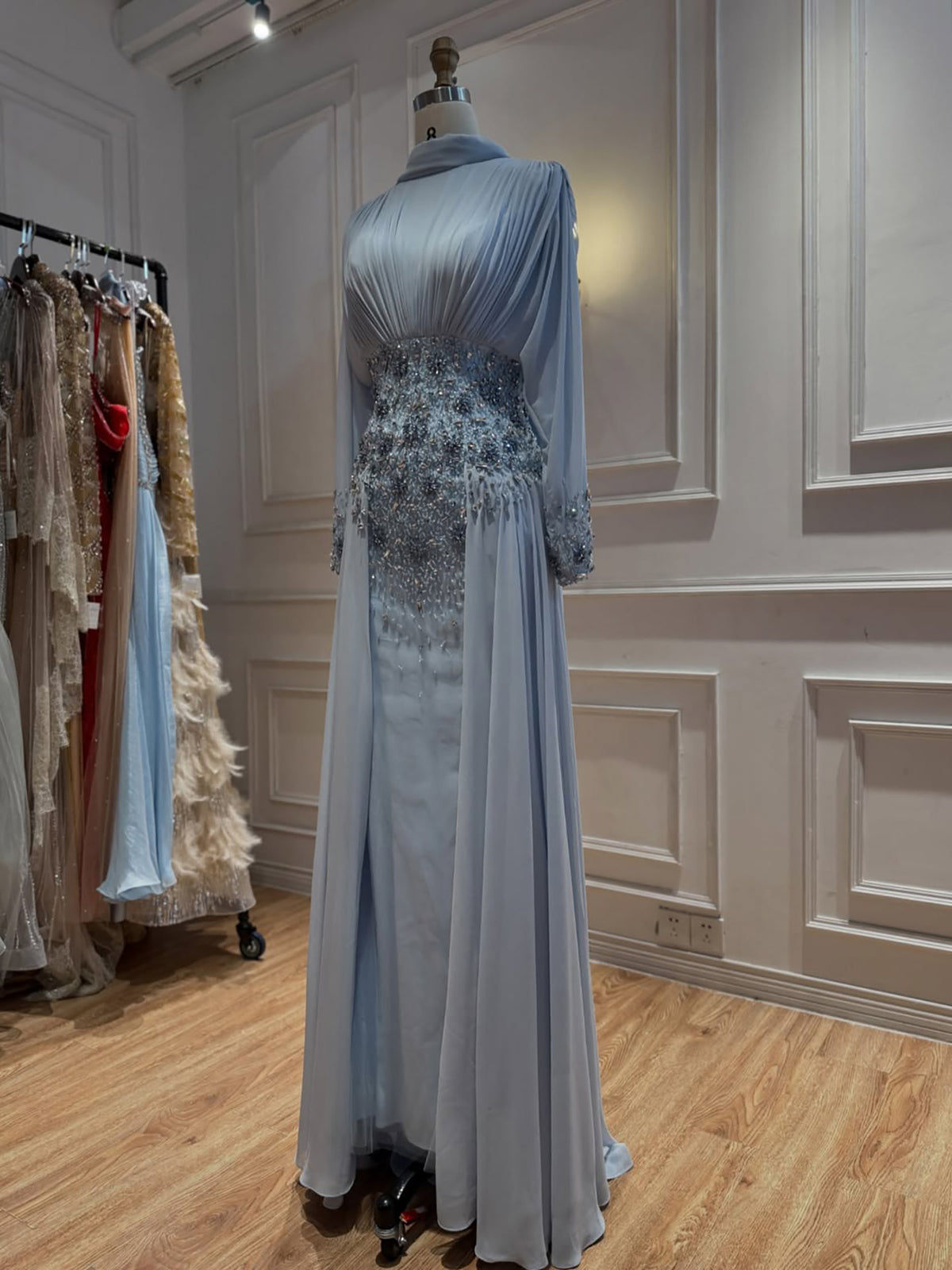 Luxury Nude Crystal Beaded Long Sleeves Evening Dress LA73598