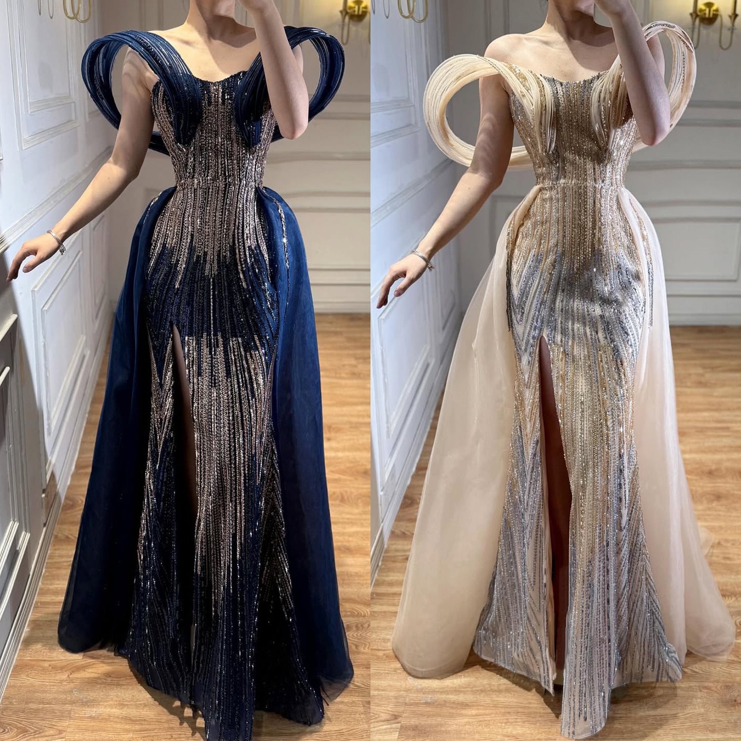Luxury Navy Blue Beaded Evening Dress with Slit LA73602 - SERENE HILL
