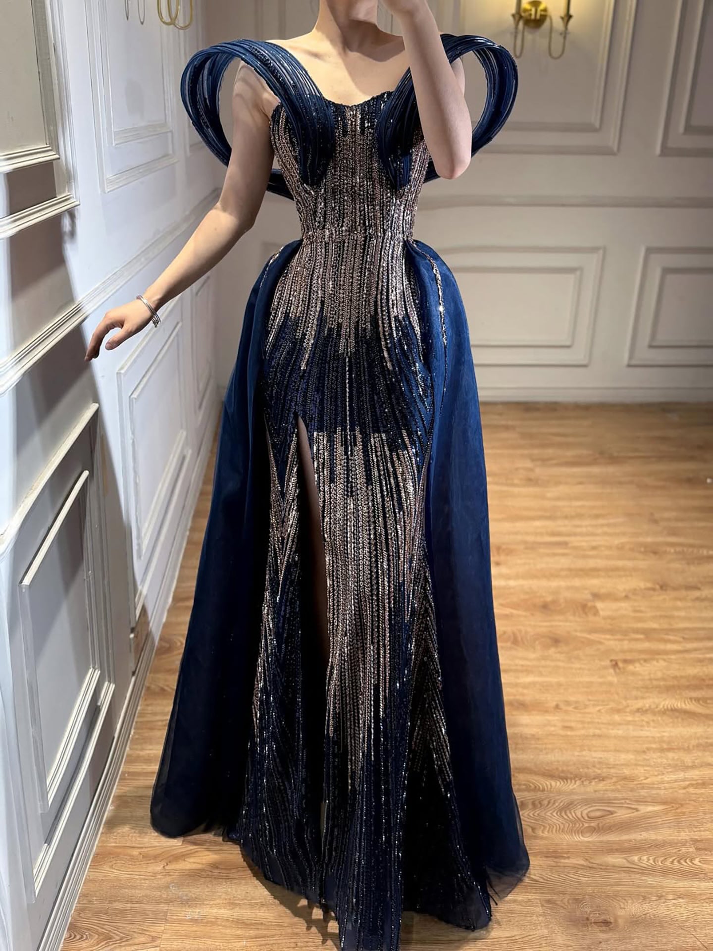 Luxury Navy Blue Beaded Evening Dress with Slit LA73602 - SERENE HILL