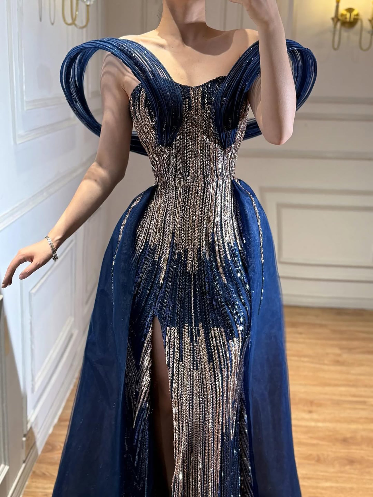 Luxury Navy Blue Beaded Evening Dress with Slit LA73602 - SERENE HILL