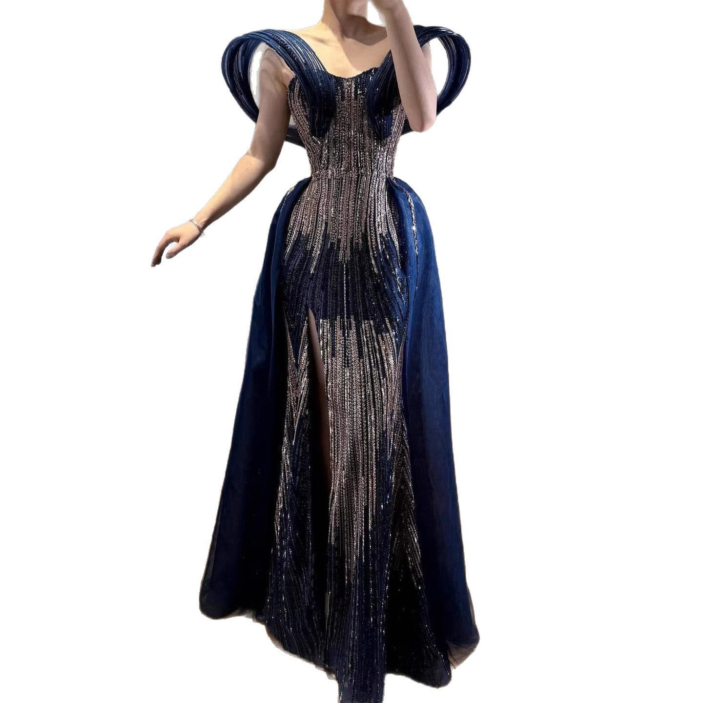 Luxury Navy Blue Beaded Evening Dress with Slit LA73602 - SERENE HILL