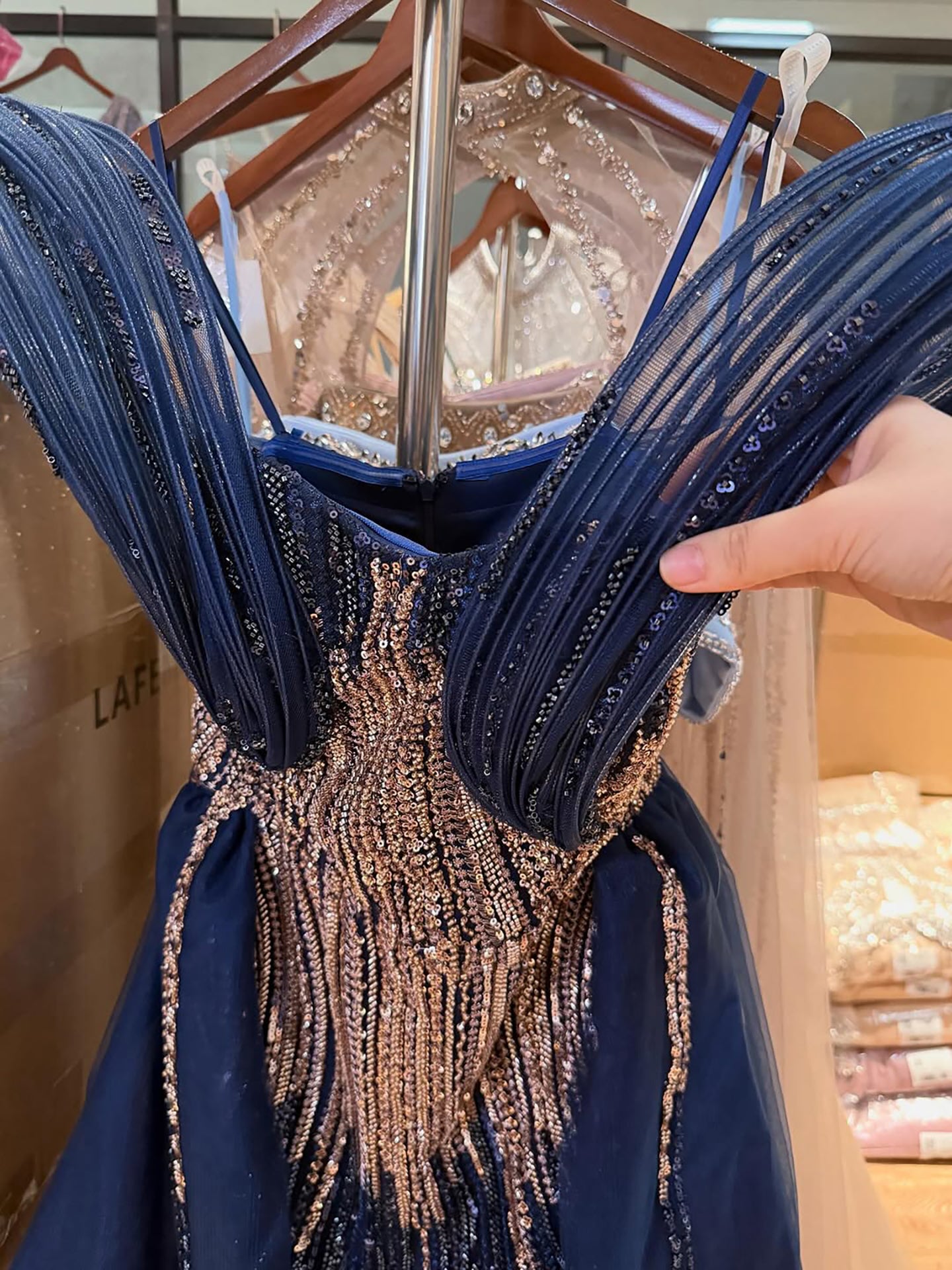 Luxury Navy Blue Beaded Evening Dress with Slit LA73602 - SERENE HILL