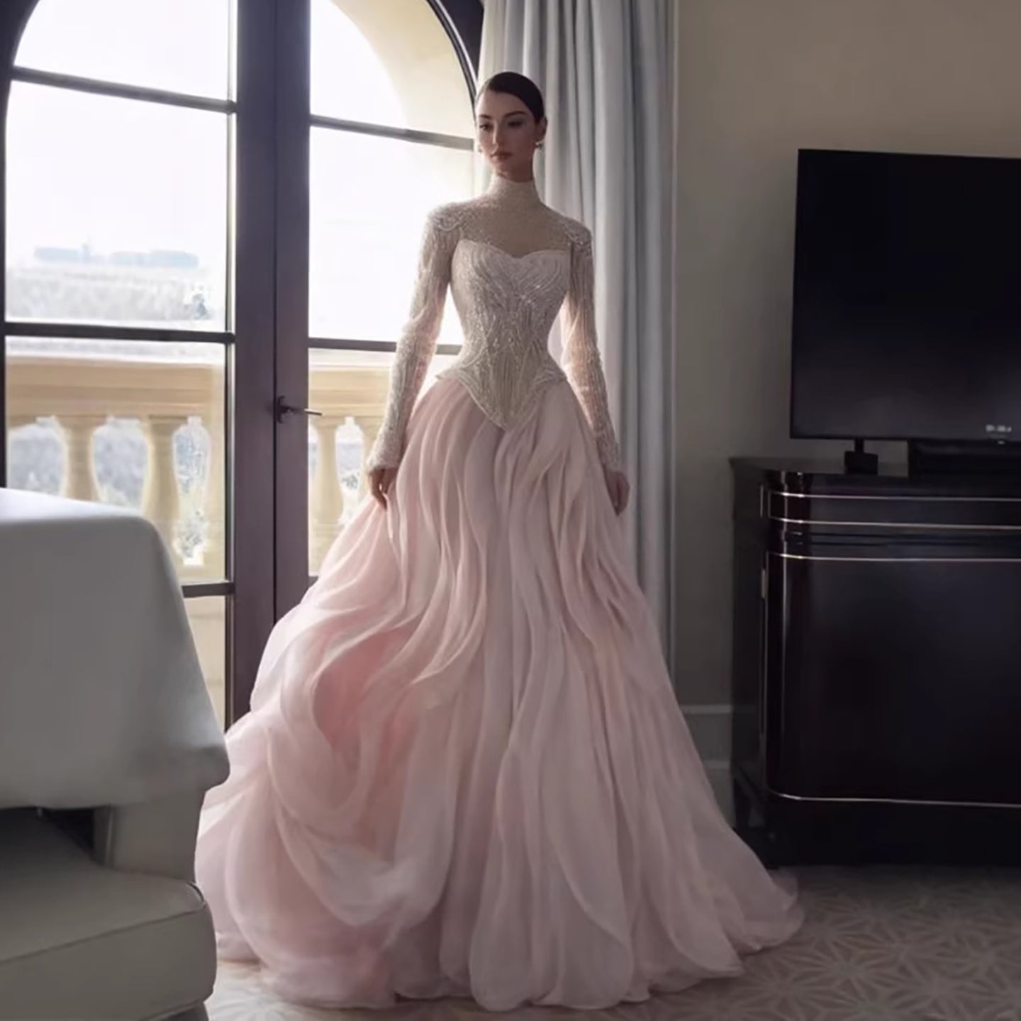Luxury Pink Beaded High Neck Ball Gown LA73603A Pink / 4