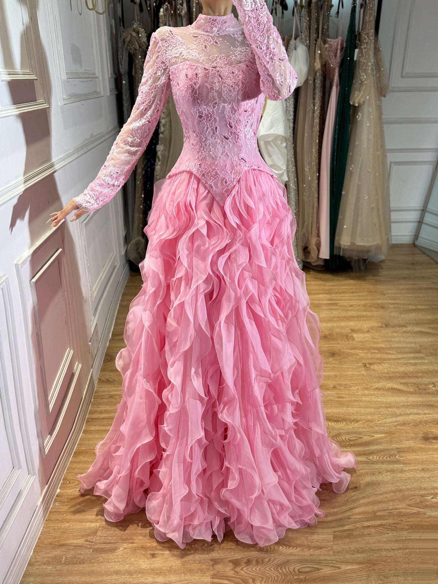 Luxury Pink Beaded High Neck Long Sleeve Ball Gown LA73603B