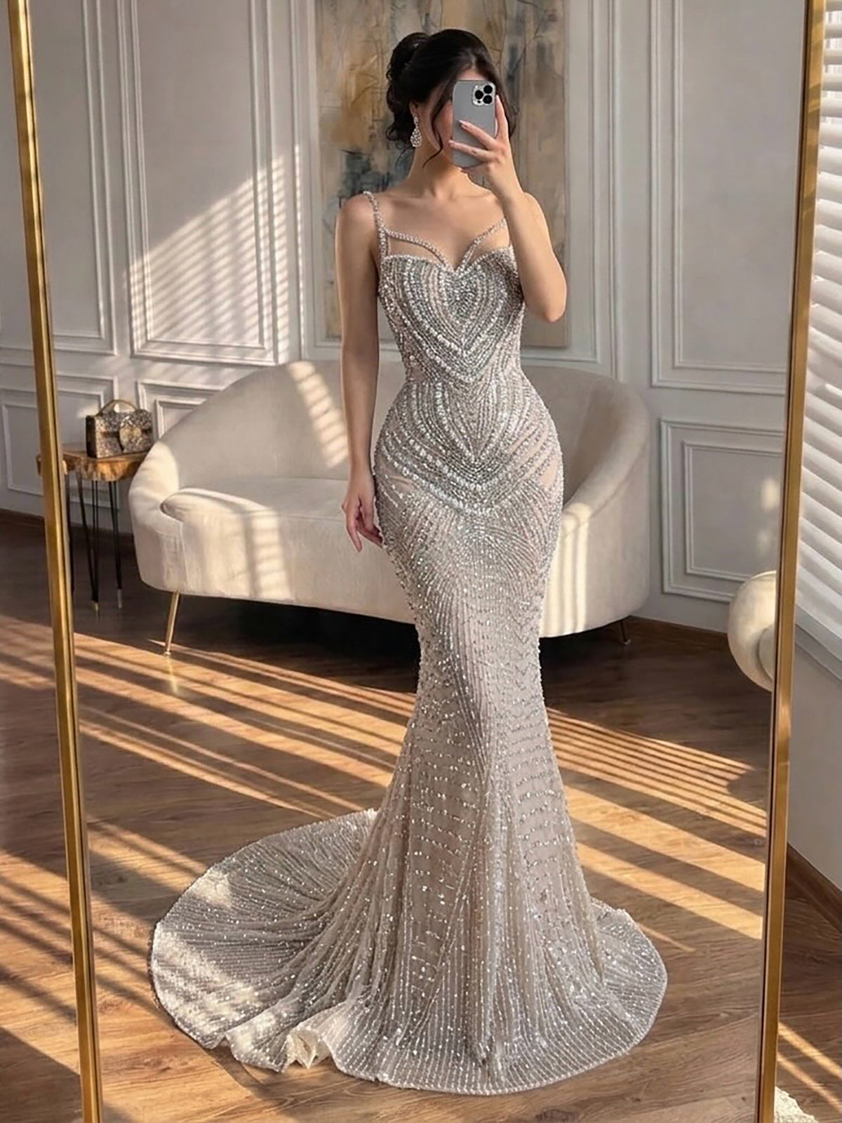 Luxury Nude Pearl Beaded Spaghetti Strap Evening Dress LA73608