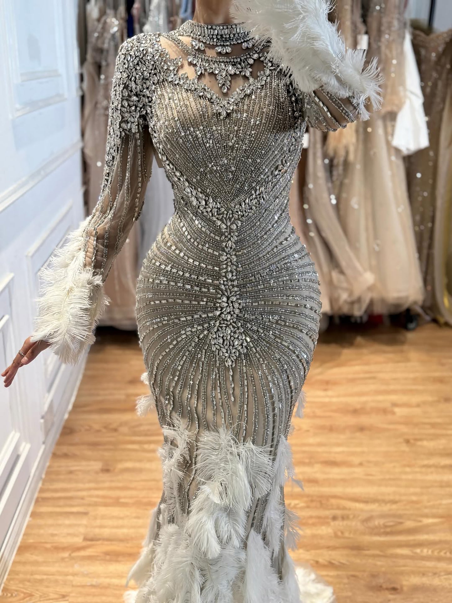 Luxury Grey Nude Crystal Beaded Mermaid Dress with Feathers LA73609 SERENE HILL
