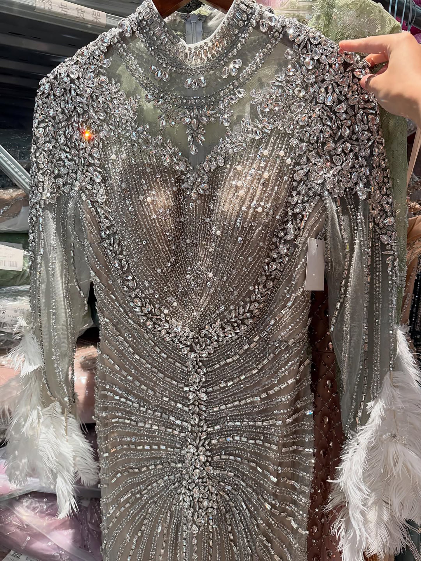Luxury Grey Nude Crystal Beaded Mermaid Dress with Feathers LA73609 SERENE HILL