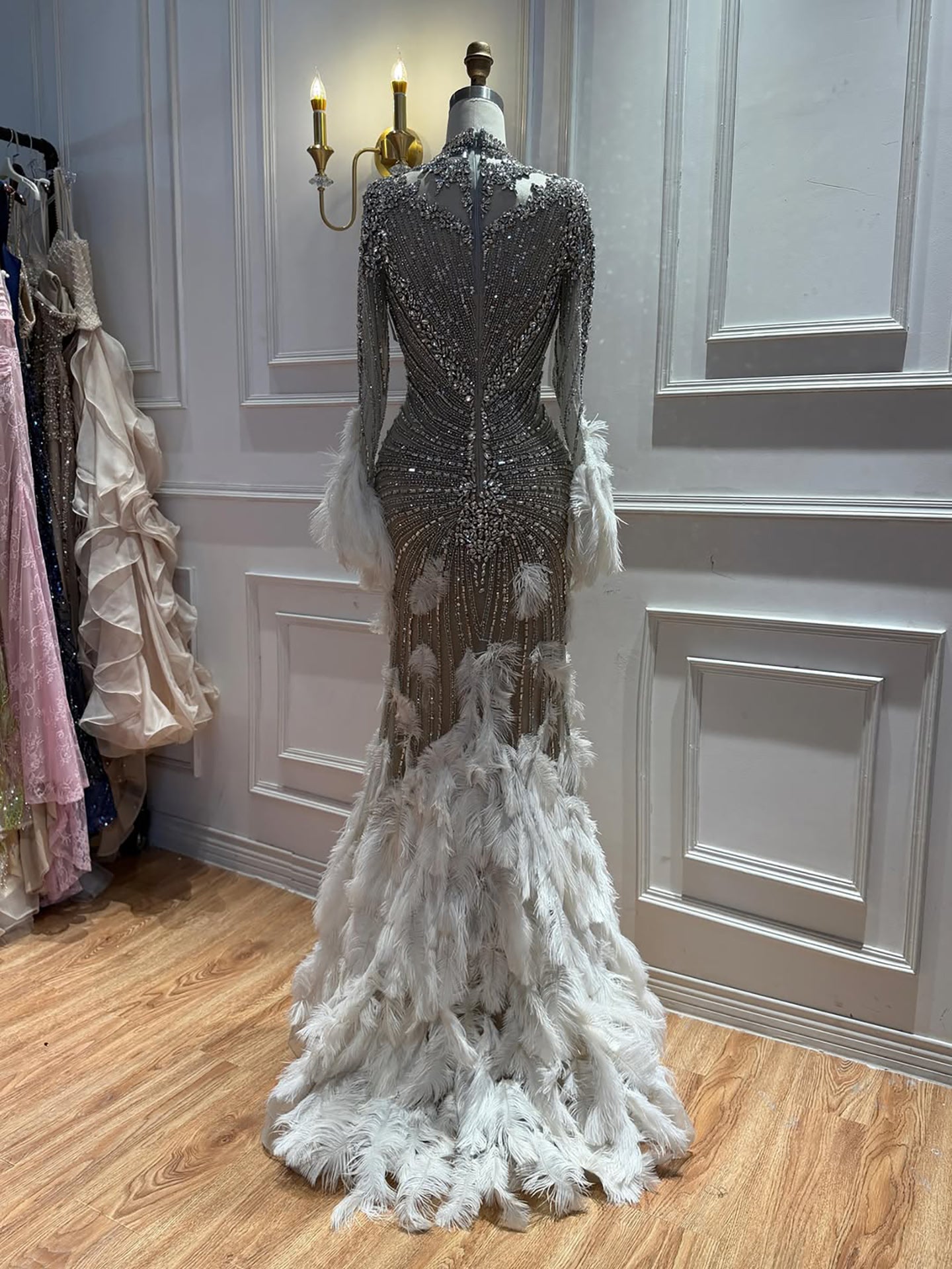 Luxury Grey Nude Crystal Beaded Mermaid Dress with Feathers LA73609 SERENE HILL
