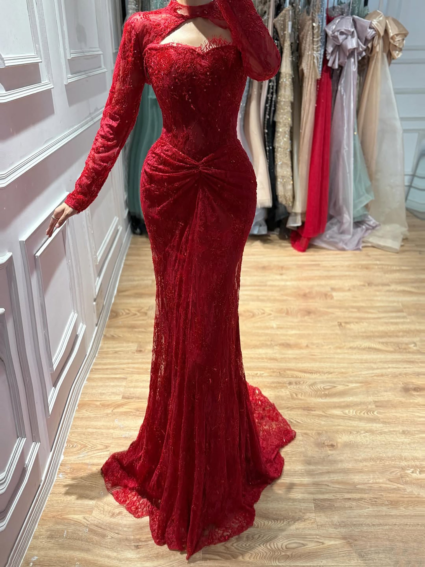 Luxury Red Beaded Long Sleeves Mermaid Evening Dress LA73610 SERENE HILL