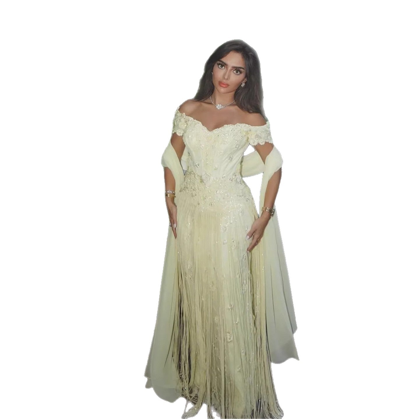 Luxury Yellow Beaded Tassel Off Shoulder Evening Dress LA73614 - SERENE HILL
