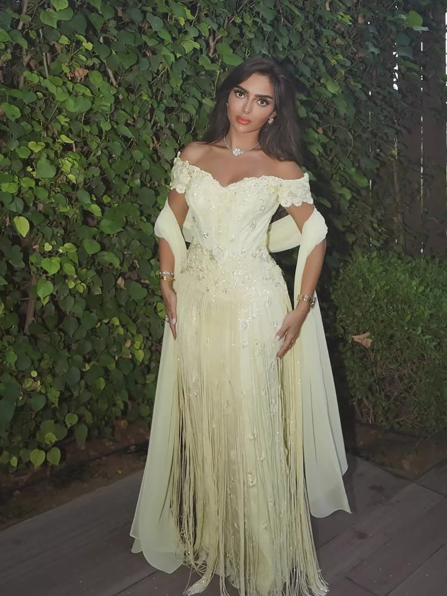 Luxury Yellow Beaded Tassel Off Shoulder Evening Dress LA73614 - SERENE HILL