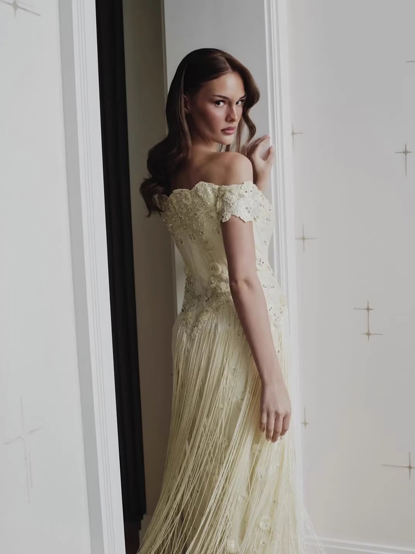 Luxury Yellow Beaded Tassel Off Shoulder Evening Dress LA73614 - SERENE HILL