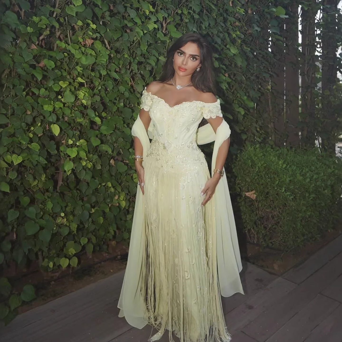 Luxury Yellow Beaded Tassel Off Shoulder Evening Dress LA73614 - SERENE HILL