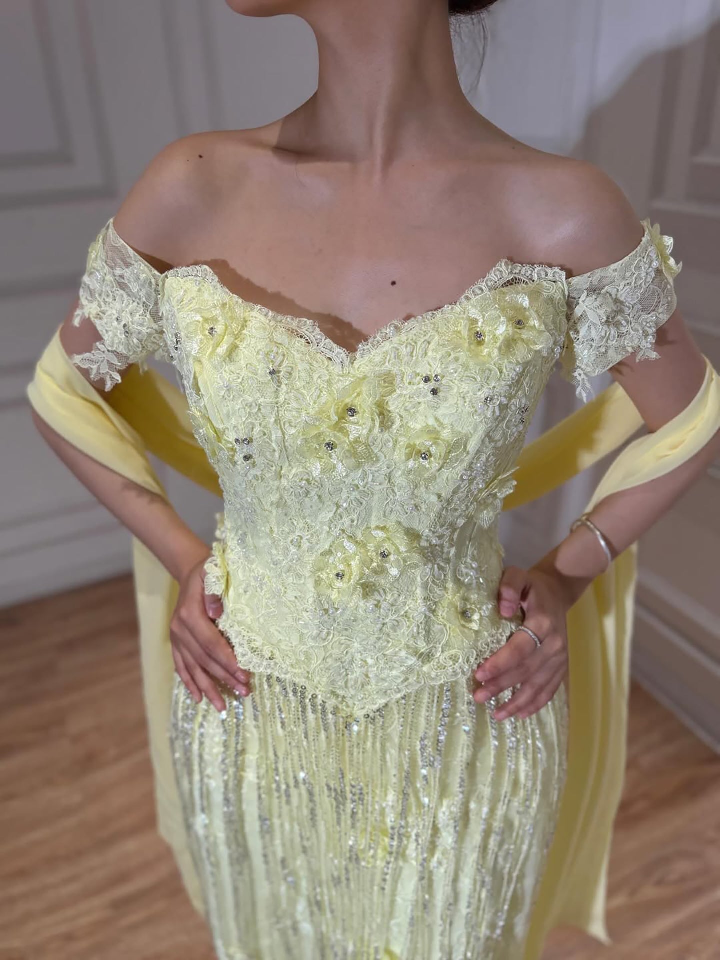 Luxury Yellow Beaded Tassel Off Shoulder Evening Dress LA73614