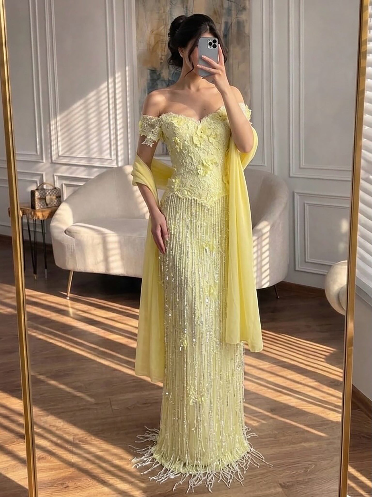 Luxury Yellow Beaded Tassel Off Shoulder Evening Dress LA73614