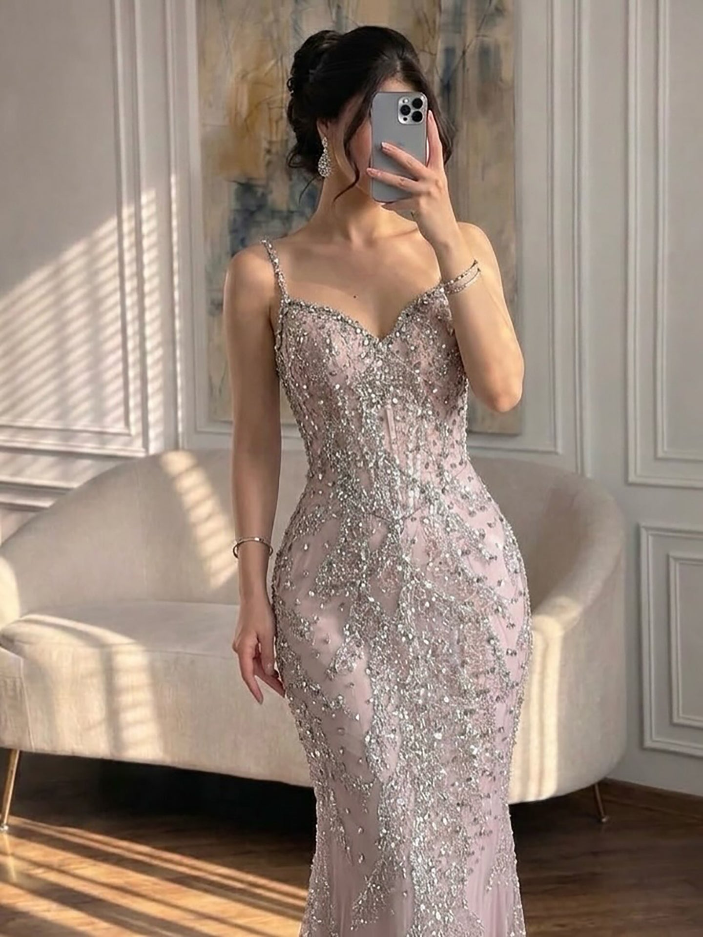 Luxury Pink Beaded Crystal Mermaid Evening Dress LA73621