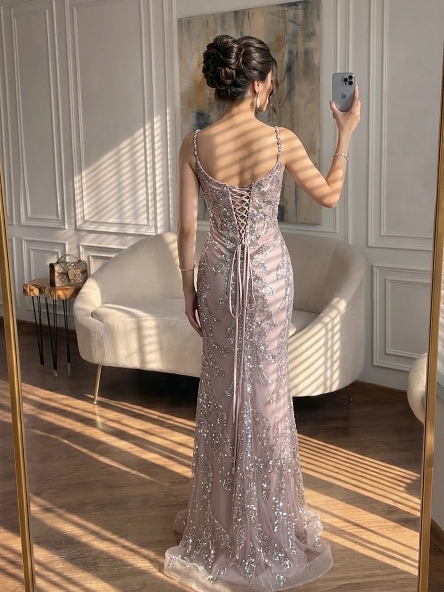 Luxury Pink Beaded Crystal Mermaid Evening Dress LA73621