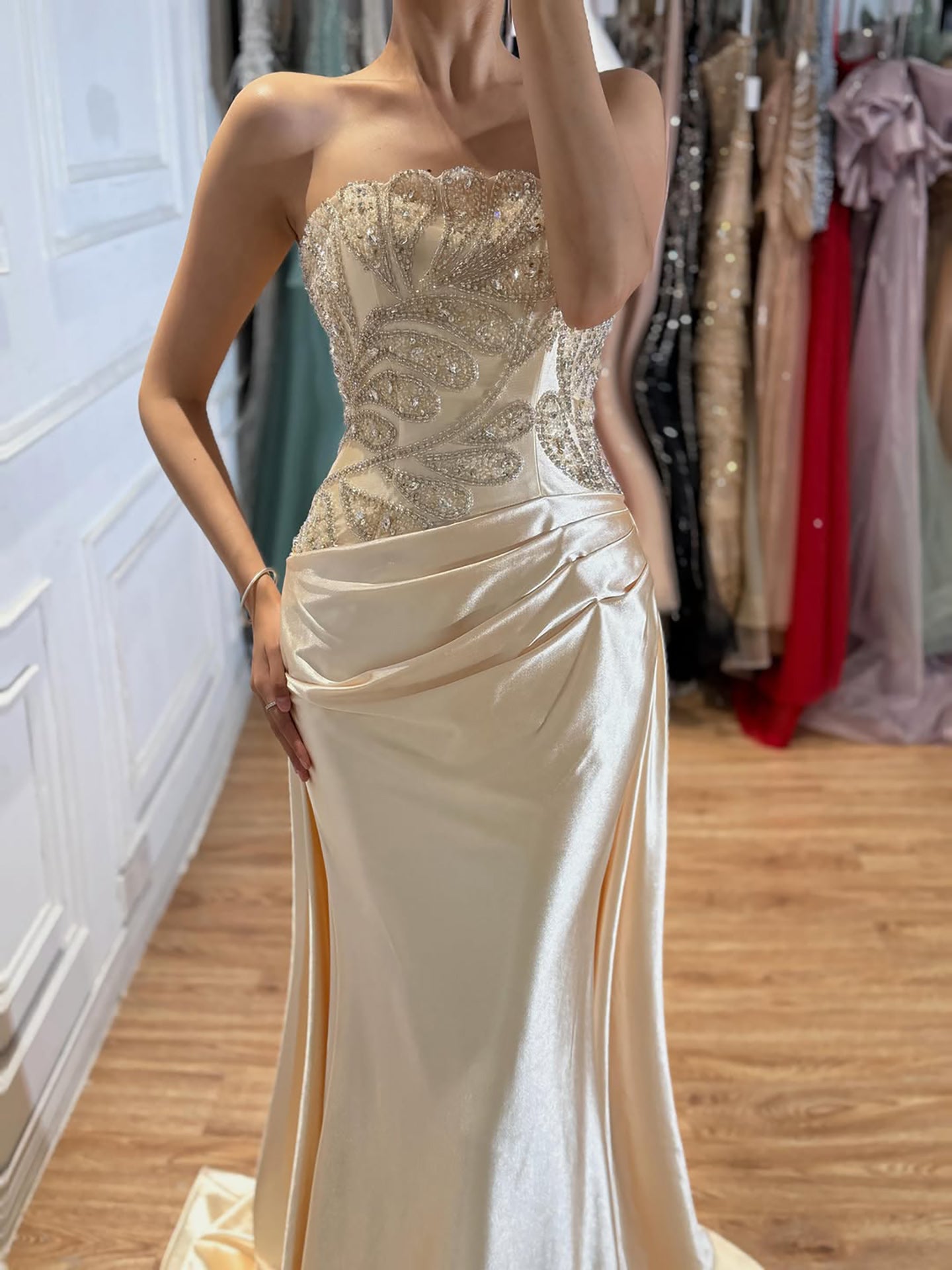 Luxury Champagne Satin Beaded Mermaid Evening Dress LA73622 SERENE HILL