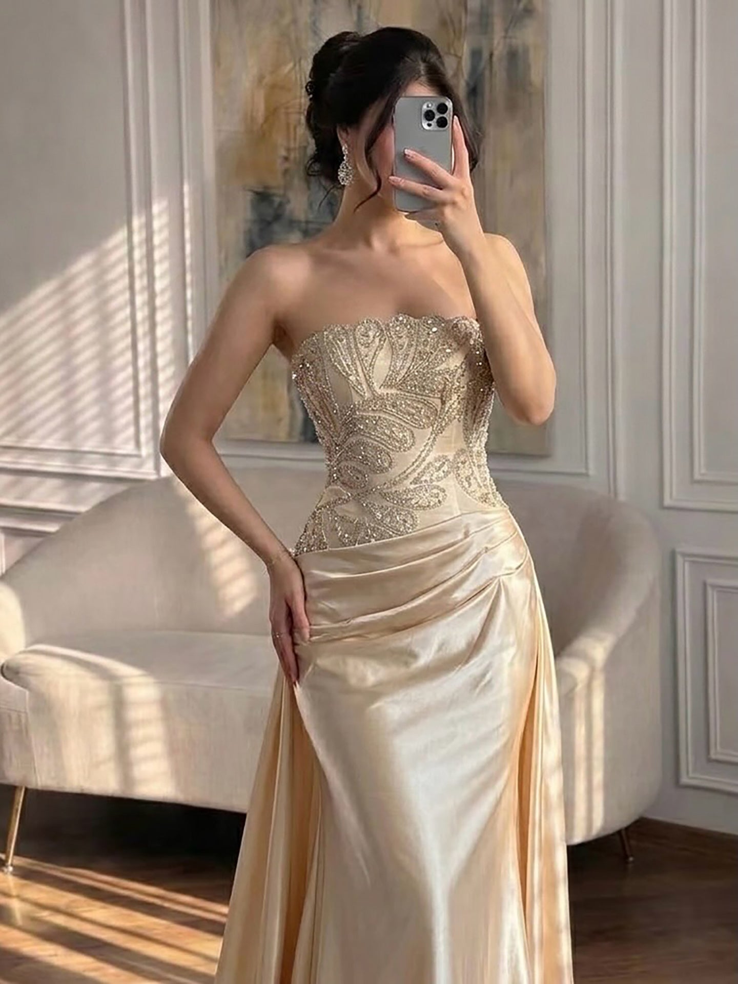 Luxury Champagne Satin Beaded Mermaid Evening Dress LA73622 SERENE HILL