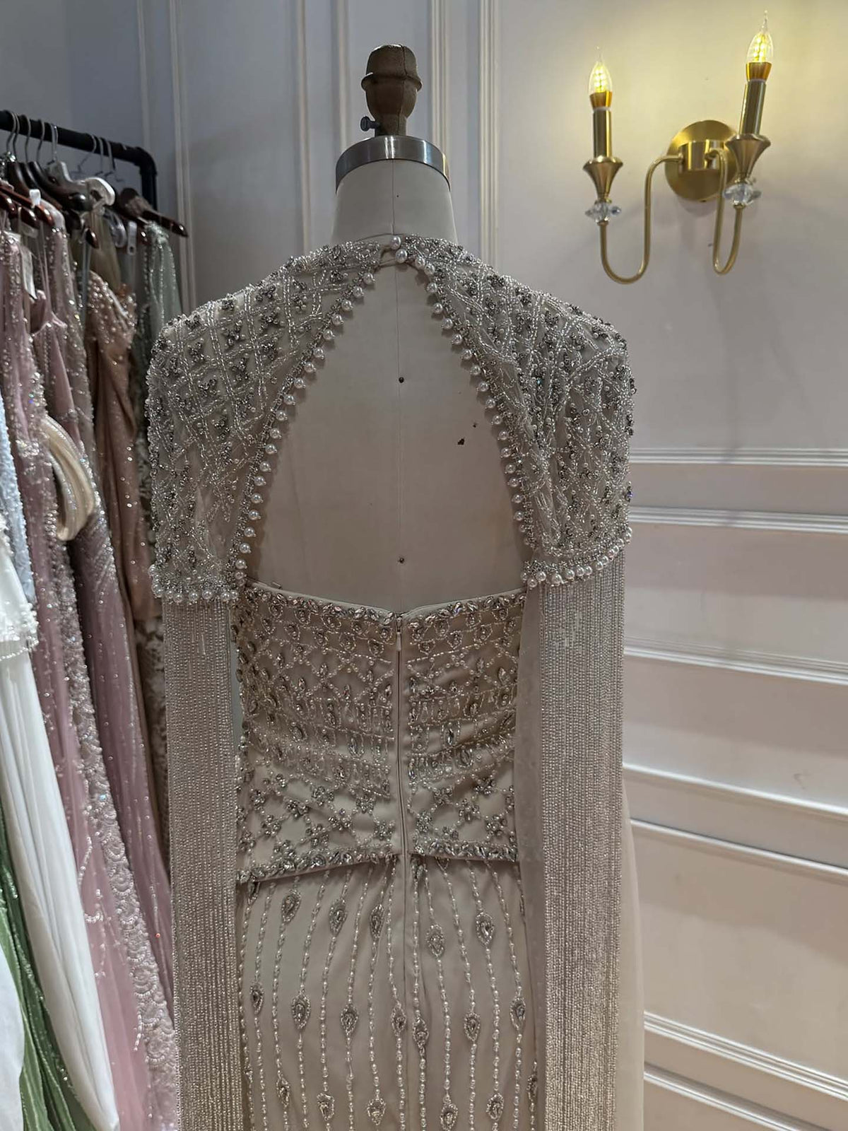 Luxury Beige Crystal Tassel Beaded Pearls Evening Dress LA73624