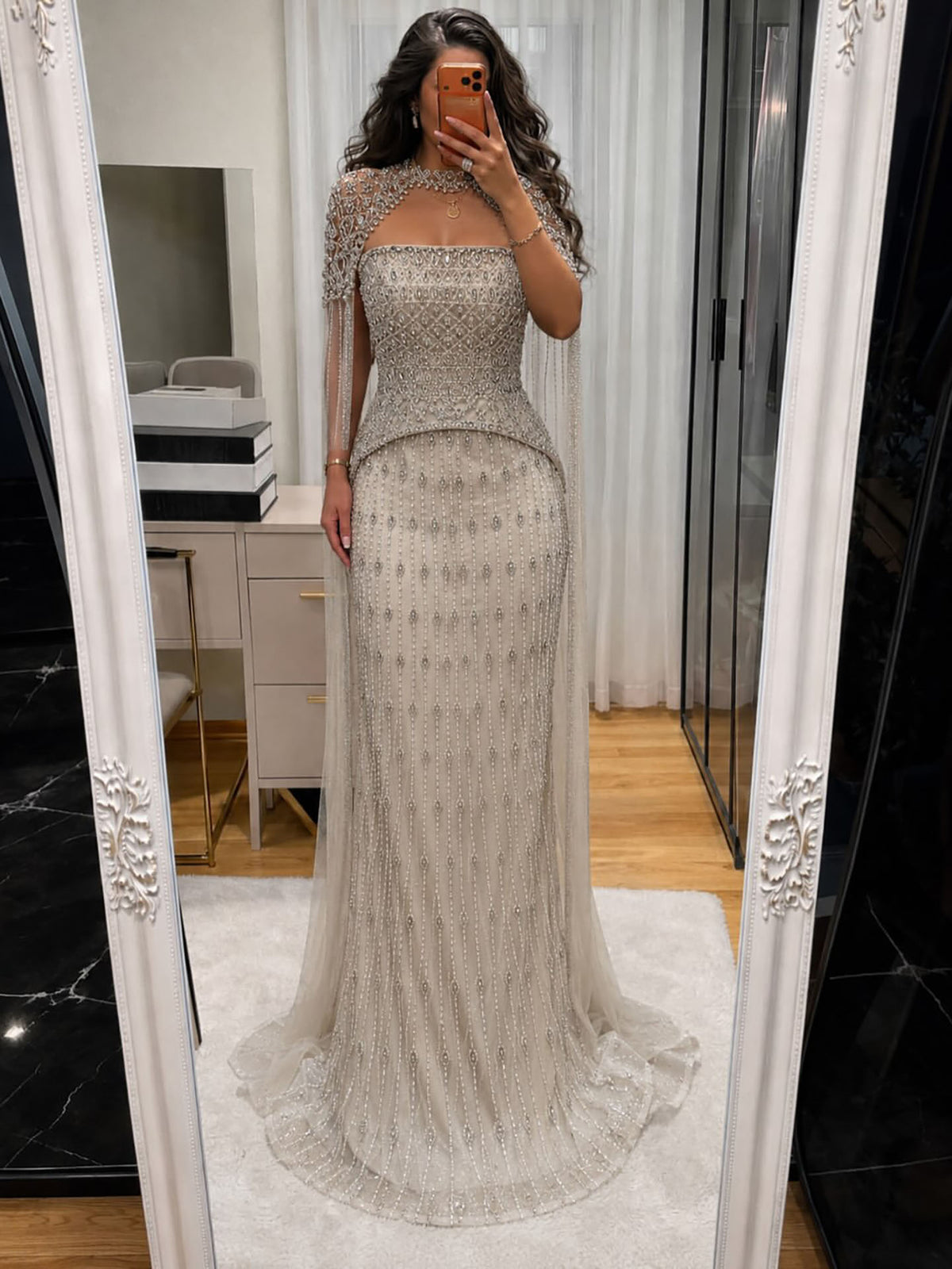 Luxury Beige Crystal Tassel Beaded Pearls Evening Dress LA73624