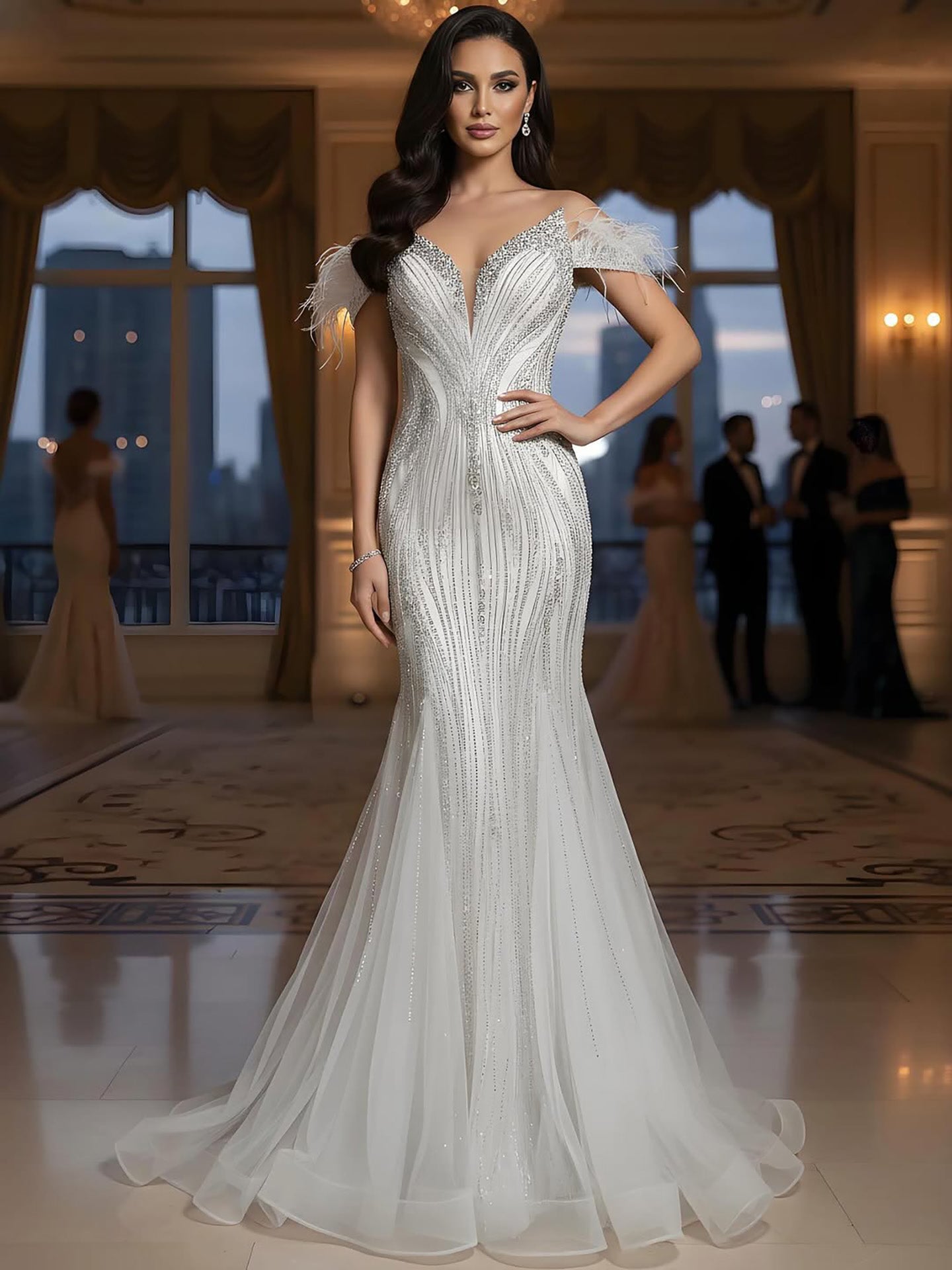 Luxury Beige Beaded Feather Mermaid Evening Dress LA73625 - SERENE HILL