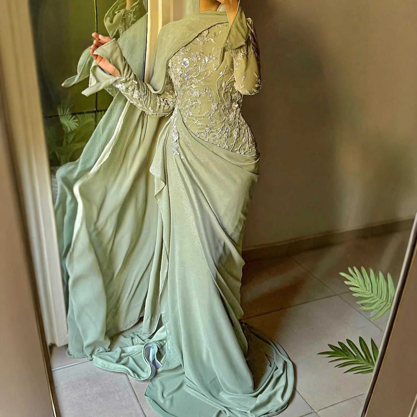 Luxury Sage Green Lace Appliques Evening Dress Long Sleeves LA73626 - SERENE HILL