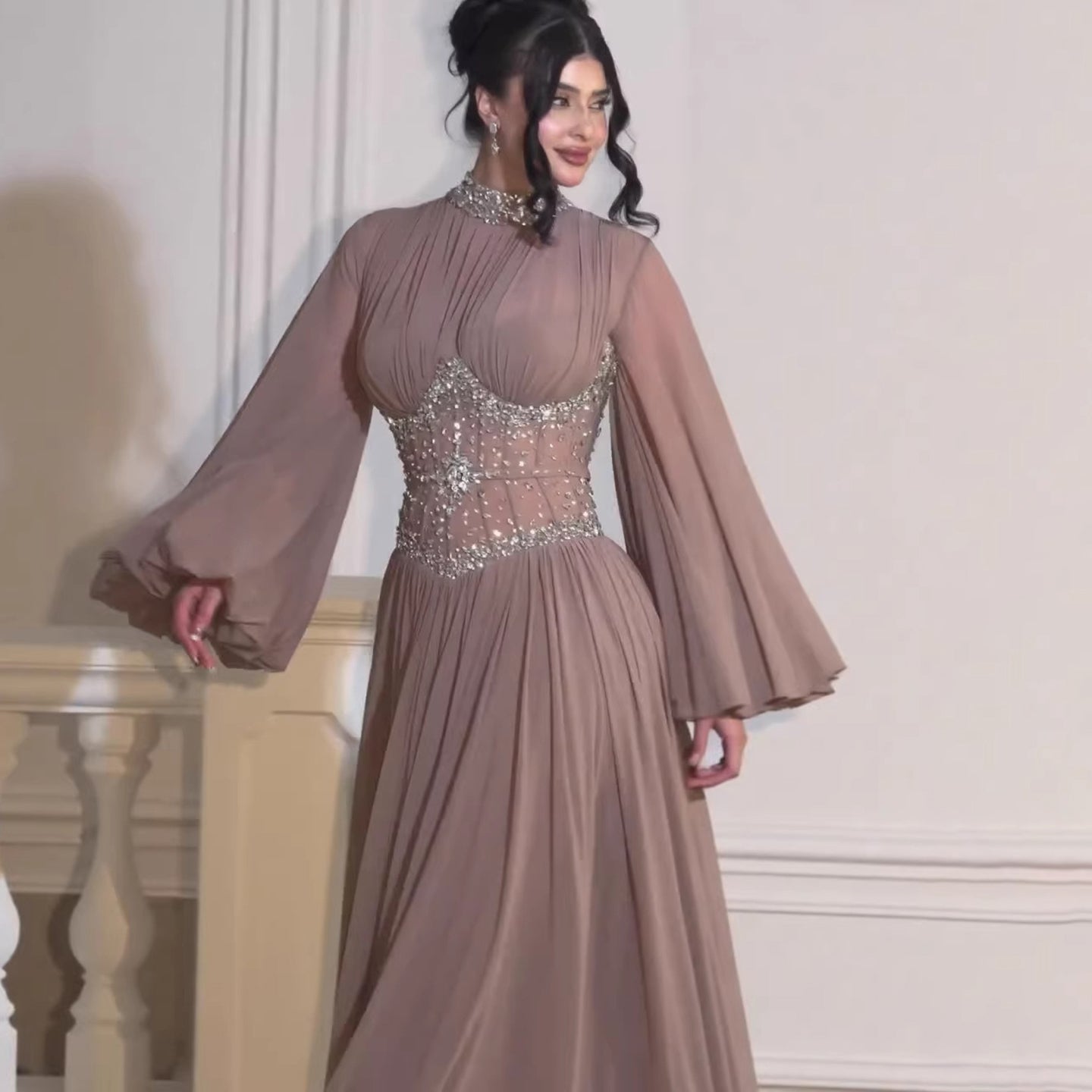 Luxury Brown Crystal Beaded A-Line Evening Dress LA73629 - SERENE HILL