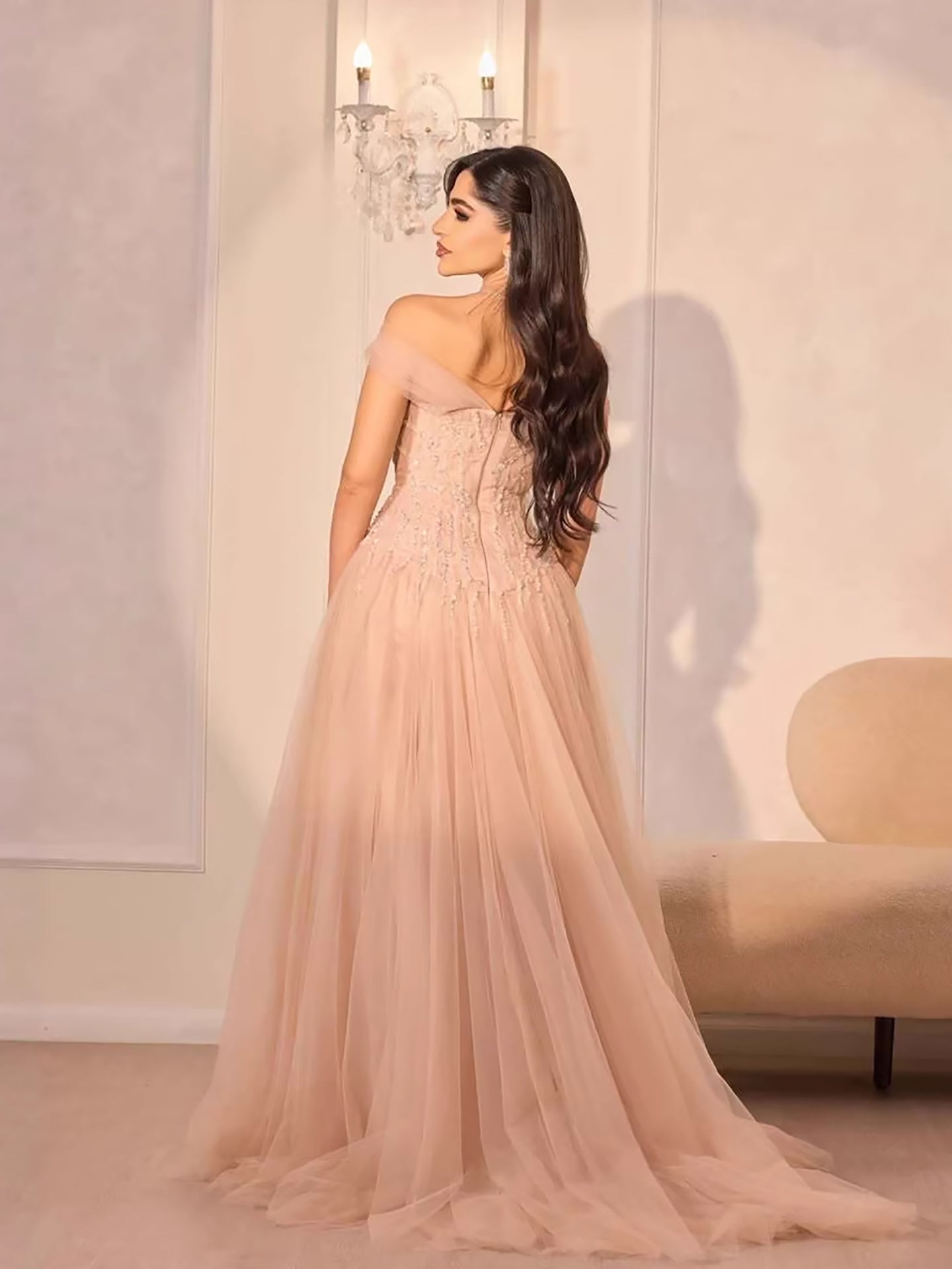 Luxury Pink Beaded A-Line Off-Shoulder Tulle Evening Dress LA73631 - SERENE HILL