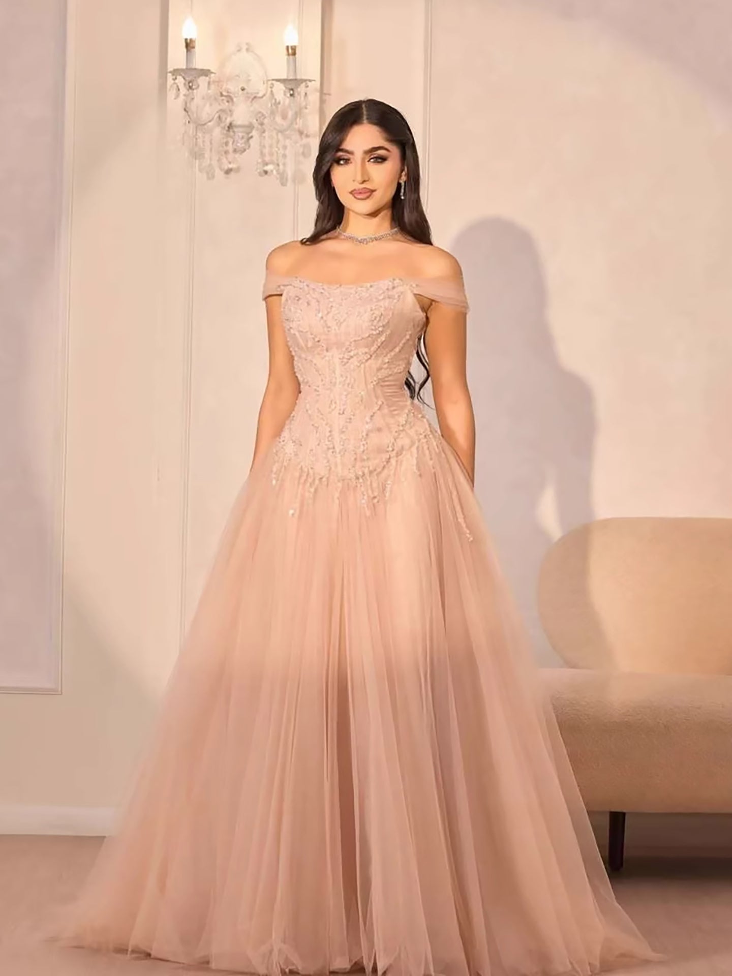 Luxury Pink Beaded A-Line Off-Shoulder Tulle Evening Dress LA73631 - SERENE HILL