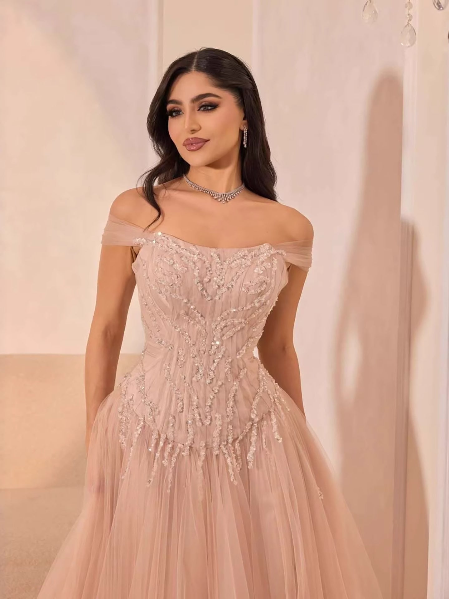 Luxury Pink Beaded A-Line Off-Shoulder Tulle Evening Dress LA73631 - SERENE HILL