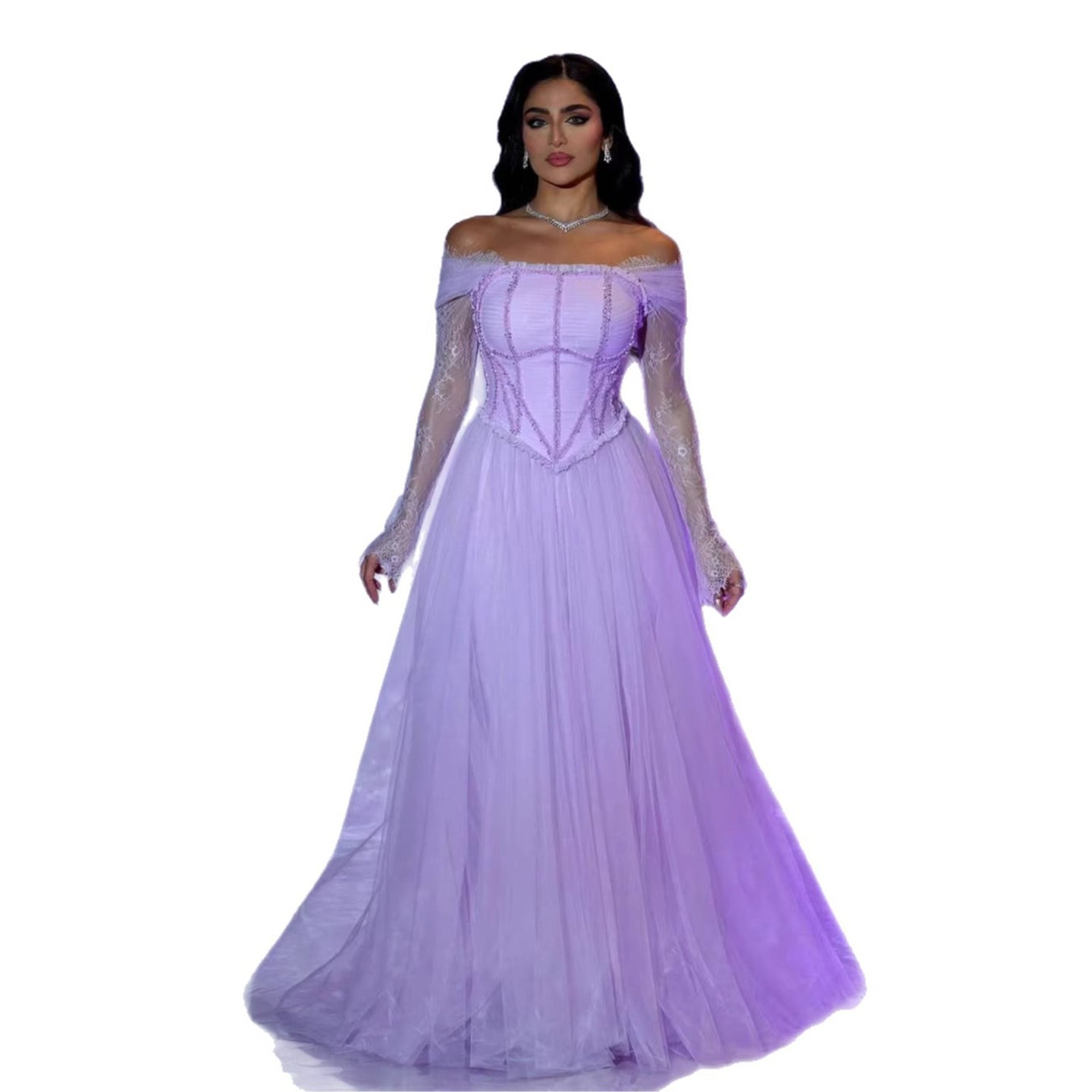 Luxury Lilac Beaded Lace A-Line Off-Shoulder Tulle Evening Dress LA73632 - SERENE HILL