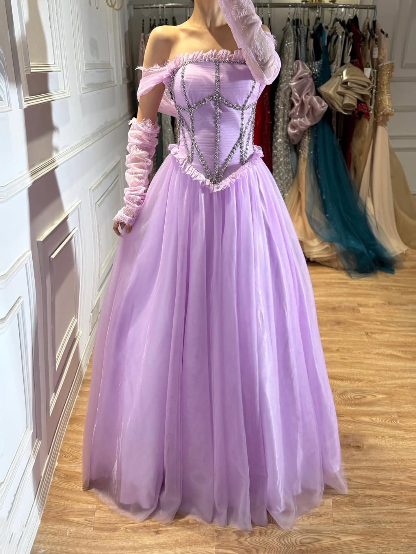 Luxury Lilac Beaded Lace A-Line Off-Shoulder Tulle Evening Dress LA73632
