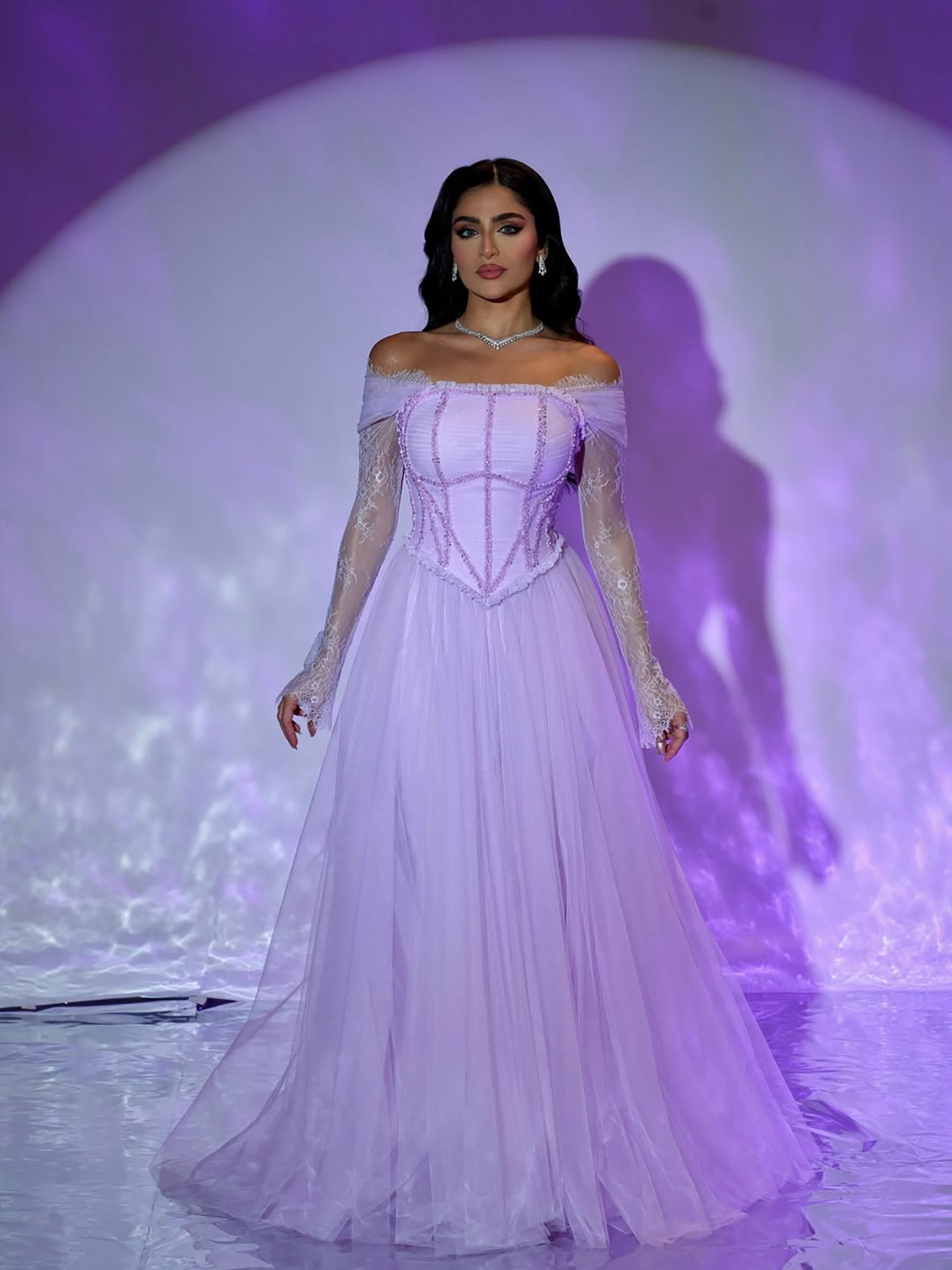 Luxury Lilac Beaded Lace A-Line Off-Shoulder Tulle Evening Dress LA73632 - SERENE HILL