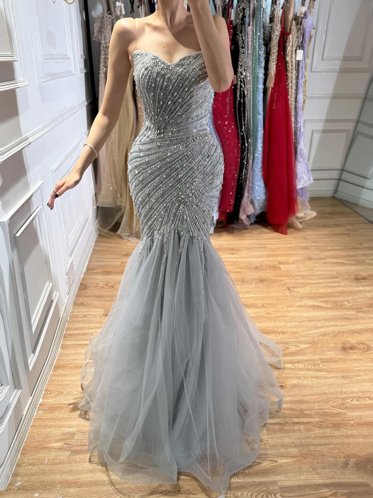 Luxury Sage Green Crystal Beaded Mermaid Strapless Evening Dress LA73640 SERENE HILL