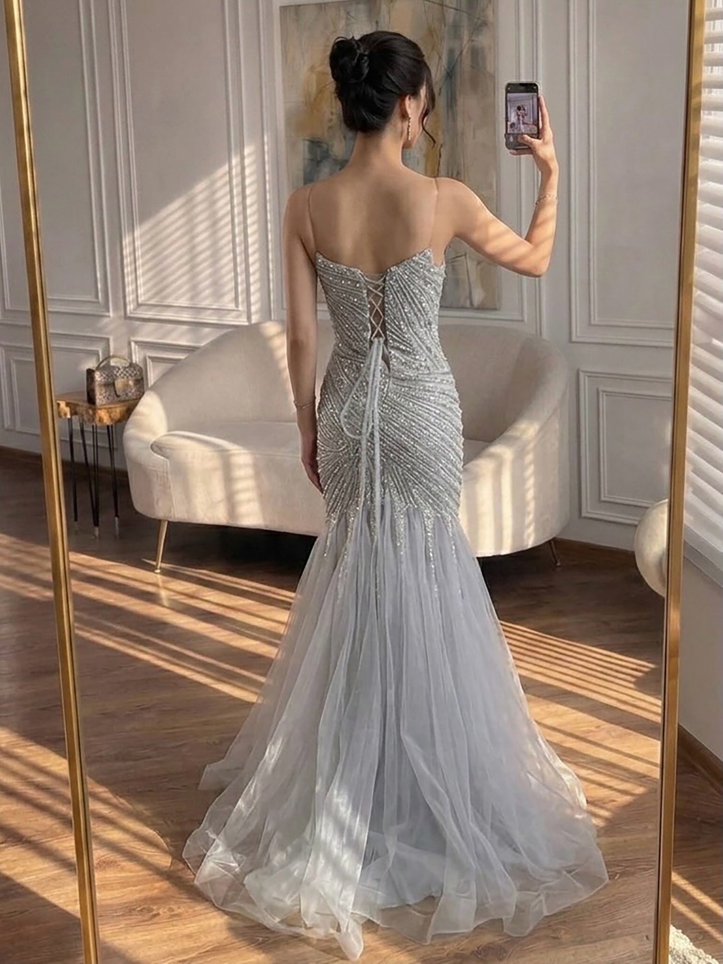 Luxury Sage Green Crystal Beaded Mermaid Strapless Evening Dress LA73640 SERENE HILL