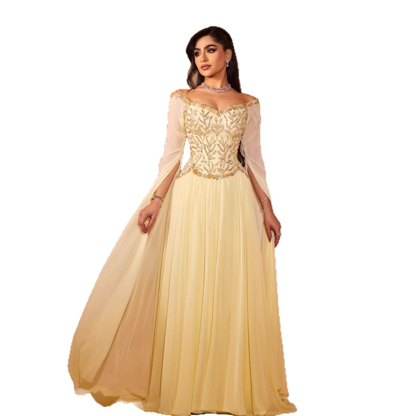 Luxury Yellow Beaded A Line Evening Dress With Cape Sleeves LA73641 - SERENE HILL