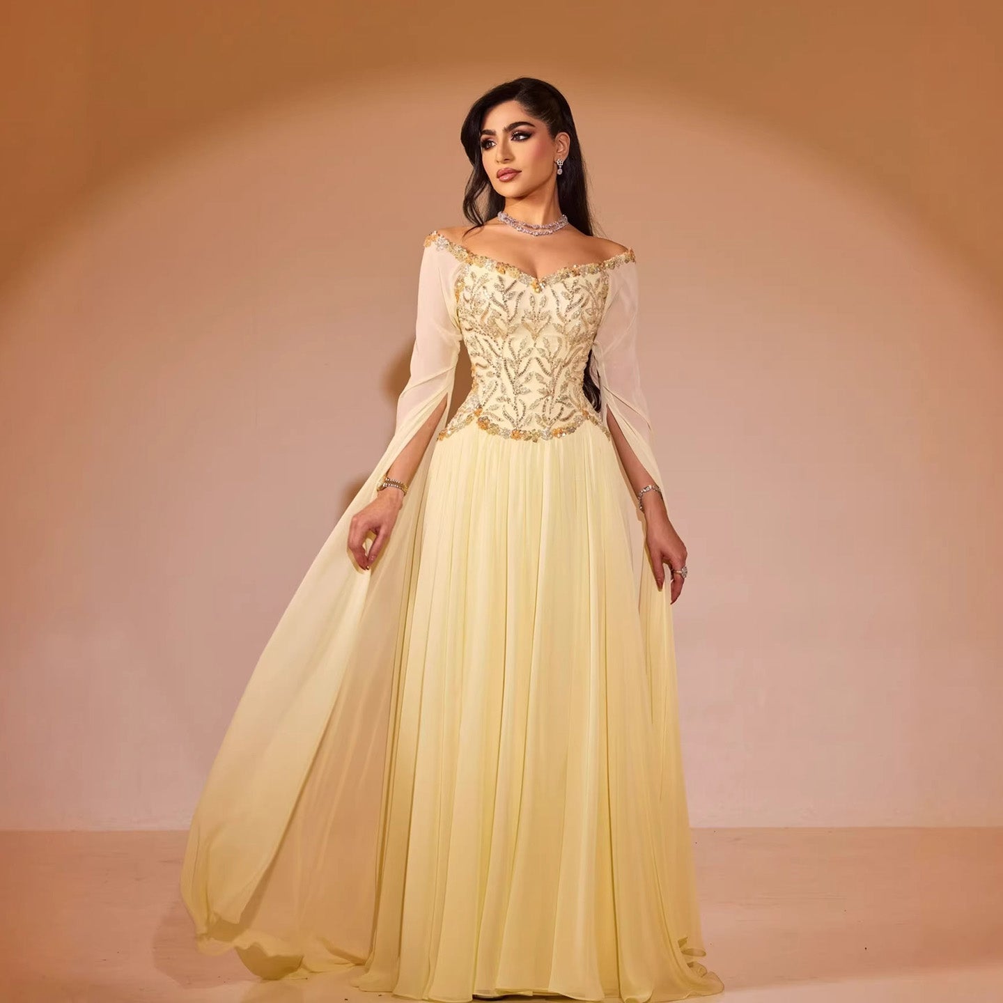 Luxury Yellow Beaded A Line Evening Dress With Cape Sleeves LA73641 Yellow / 4