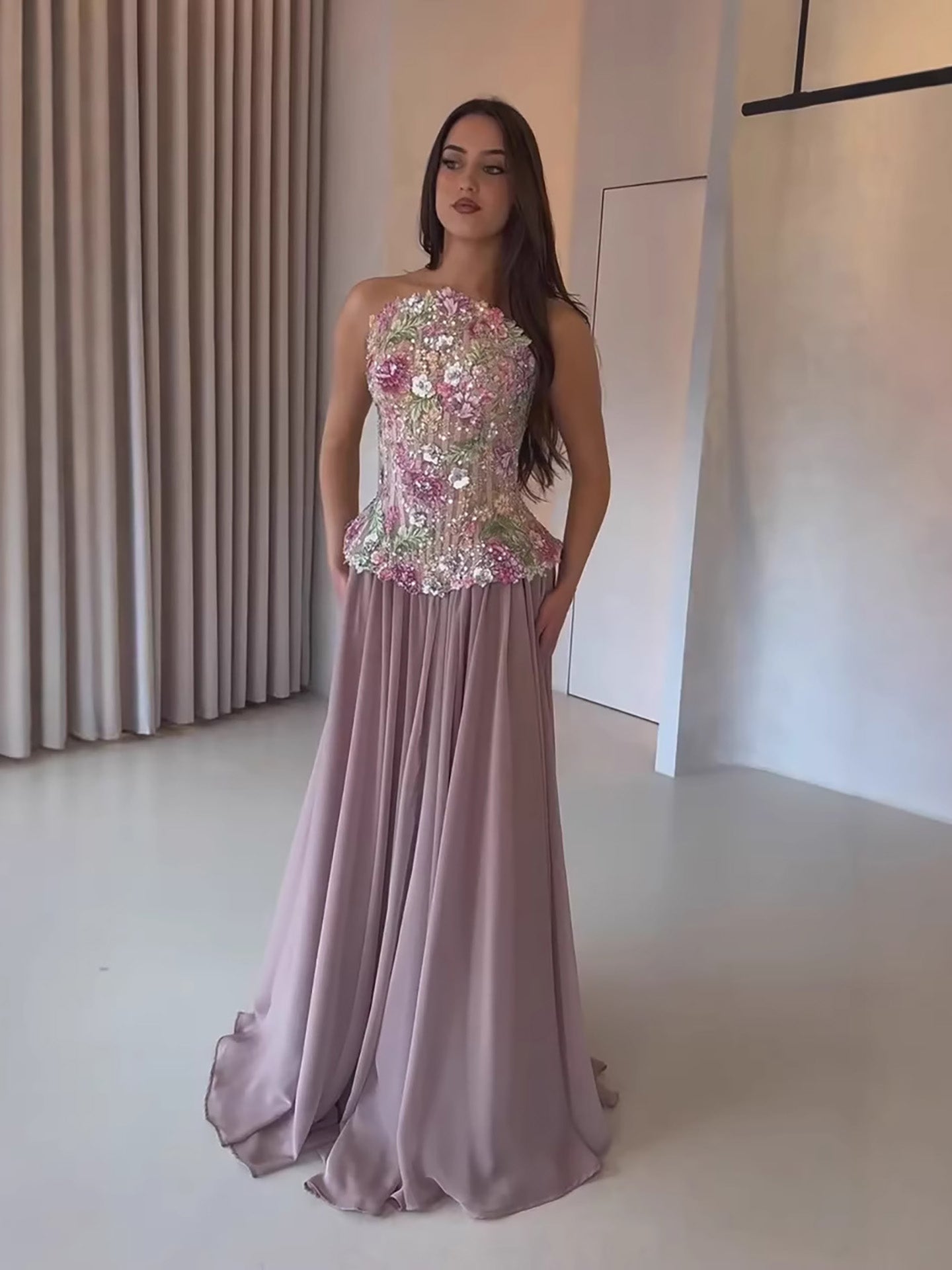 Luxury Pink Appliques Beaded Strapless Evening Dress LA73642 - SERENE HILL