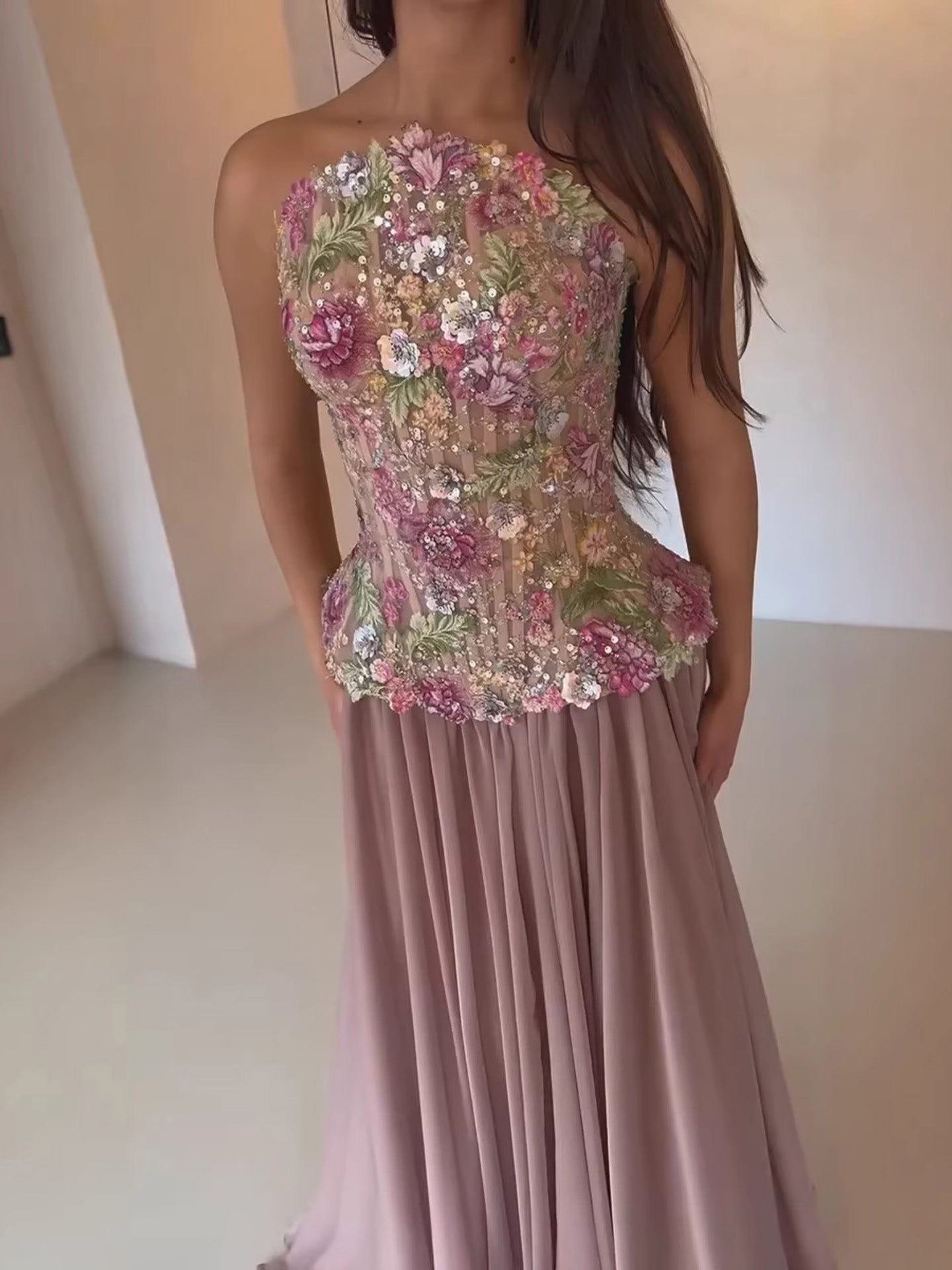 Luxury Pink Appliques Beaded Strapless Evening Dress LA73642 - SERENE HILL