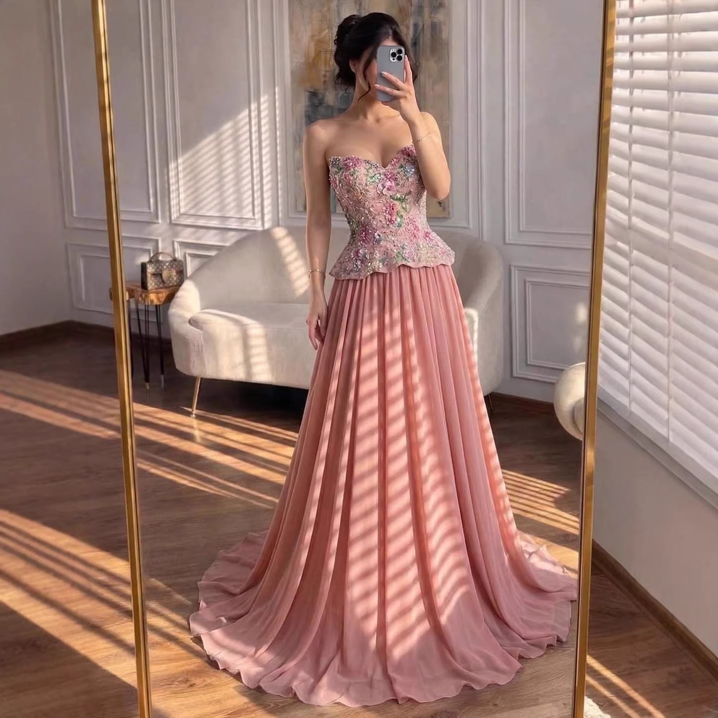 Luxury Pink Strapless Sweetheart Beaded Floral A-Line Evening Dress LA73643 - SERENE HILL