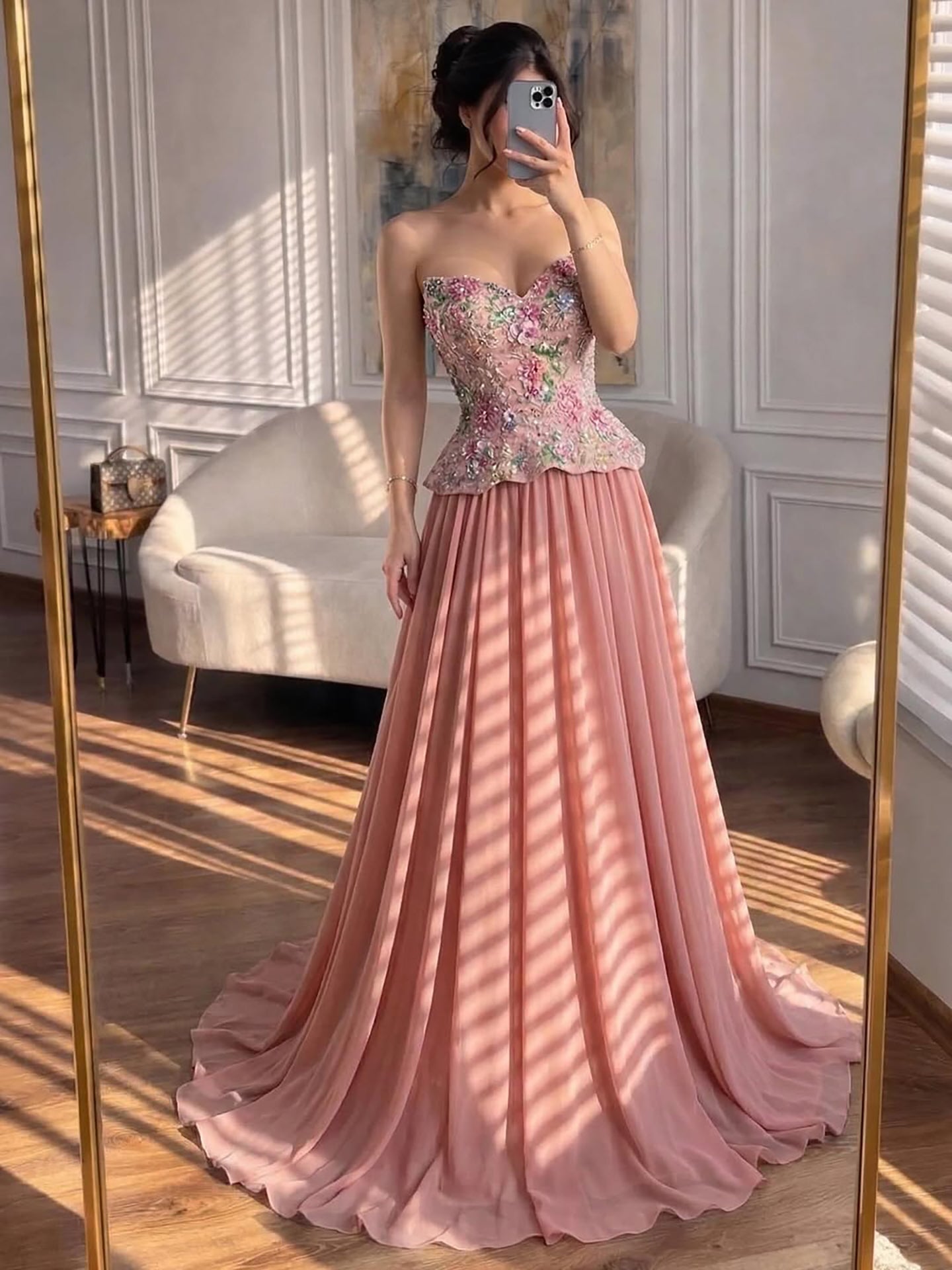 Luxury Pink Strapless Sweetheart Beaded Floral A-Line Evening Dress LA73643 - SERENE HILL