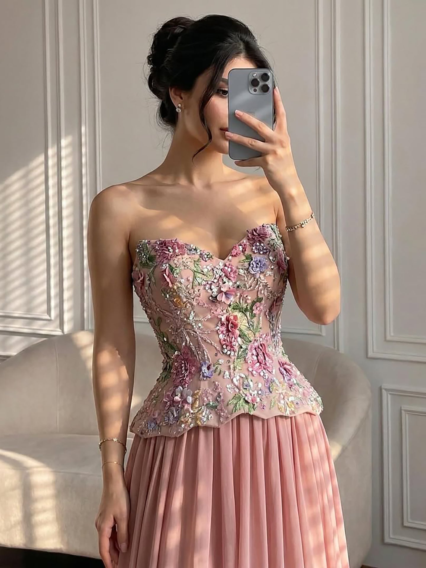 Luxury Pink Strapless Sweetheart Beaded Floral A-Line Evening Dress LA73643 - SERENE HILL