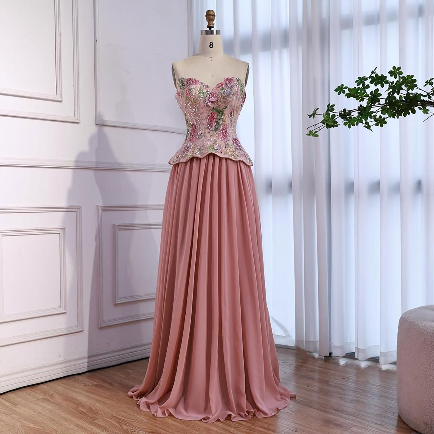 Luxury Pink Strapless Sweetheart Beaded Floral A-Line Evening Dress LA73643 - SERENE HILL