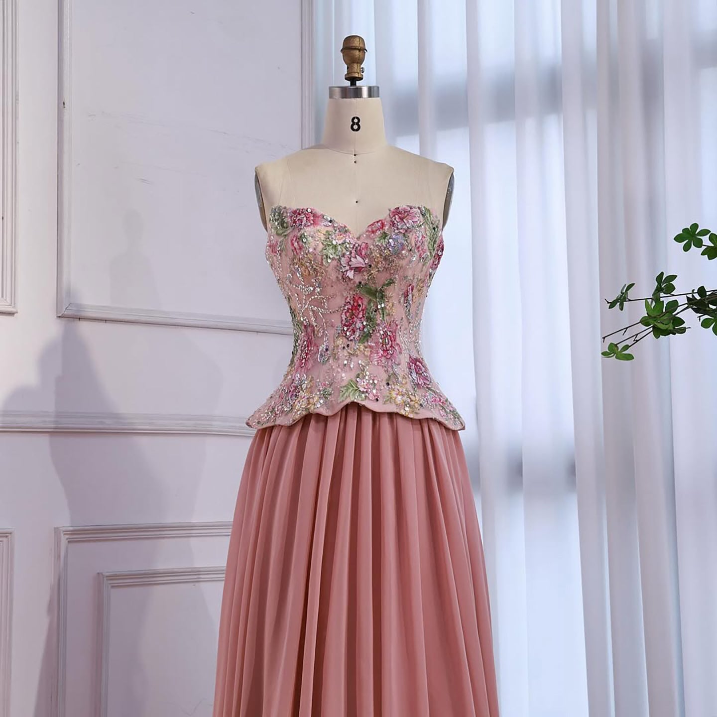 Luxury Pink Strapless Sweetheart Beaded Floral A-Line Evening Dress LA73643 - SERENE HILL