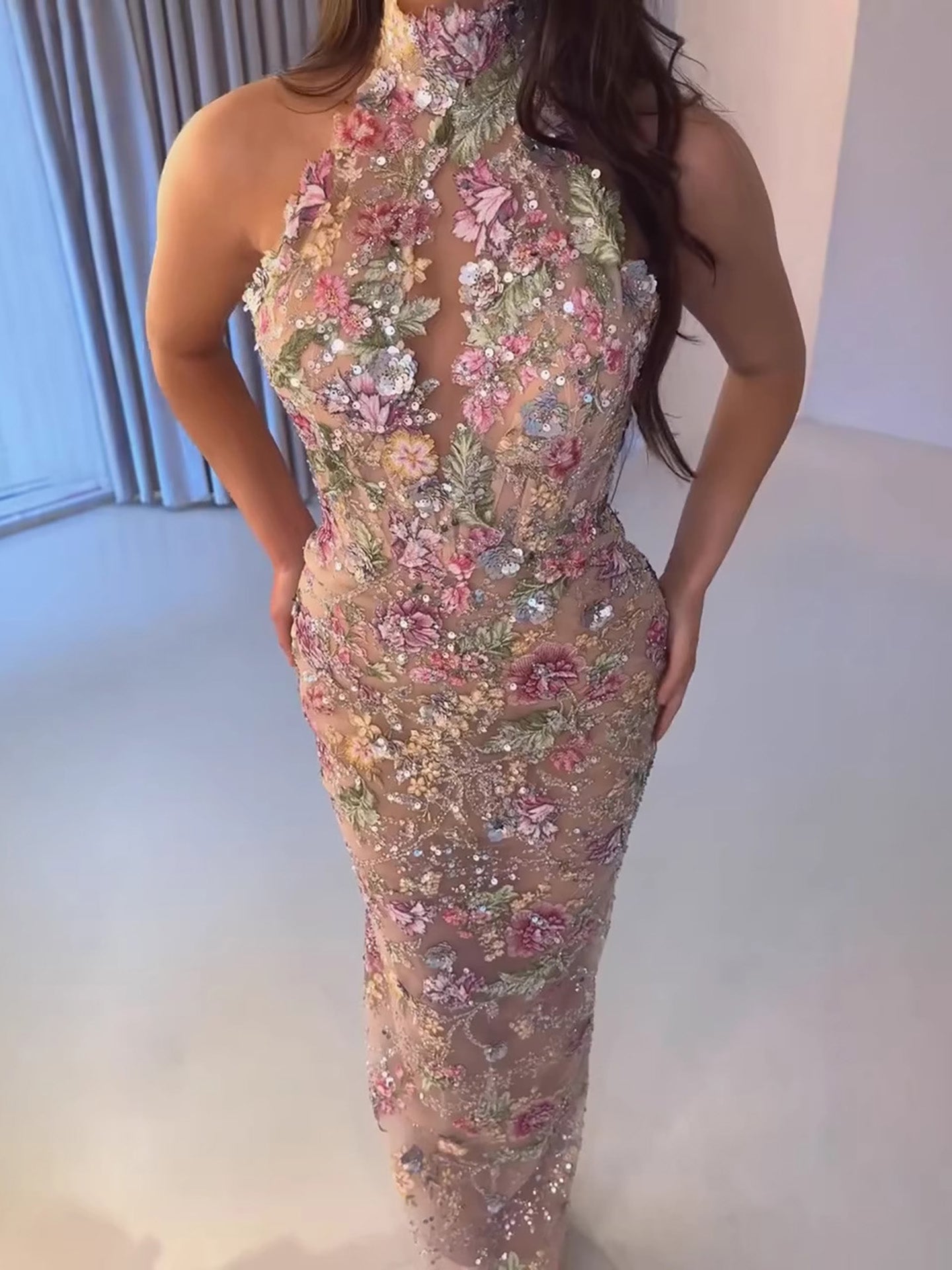 Luxury Pink Appliques Beaded Halter Mermaid Evening Dress LA73644 SERENE HILL