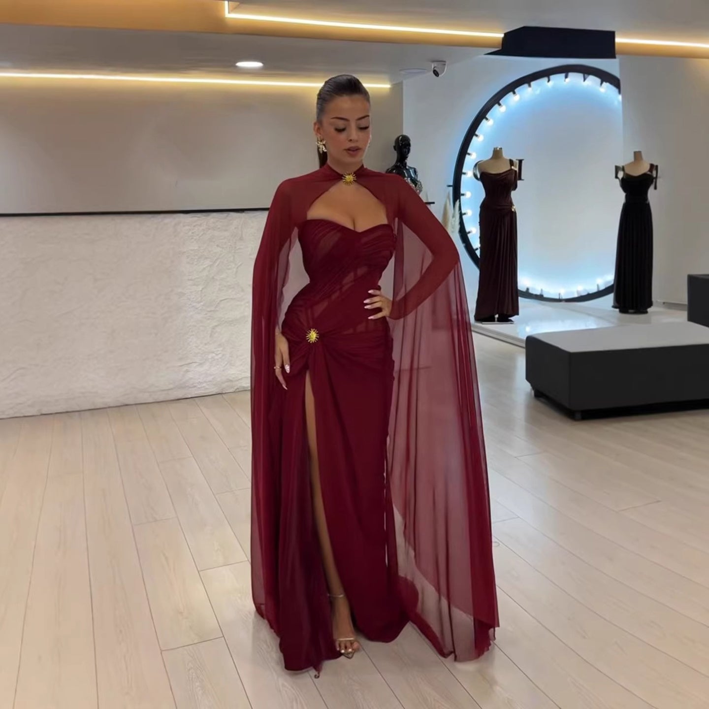 burgundy dress with cape wine red Ruched Prom Evening Gowns Slit LA73652 wine red / 6 line cut with good occasion-Wedding Guest Size:US 7.5 Elopement A-Line Boho Lace