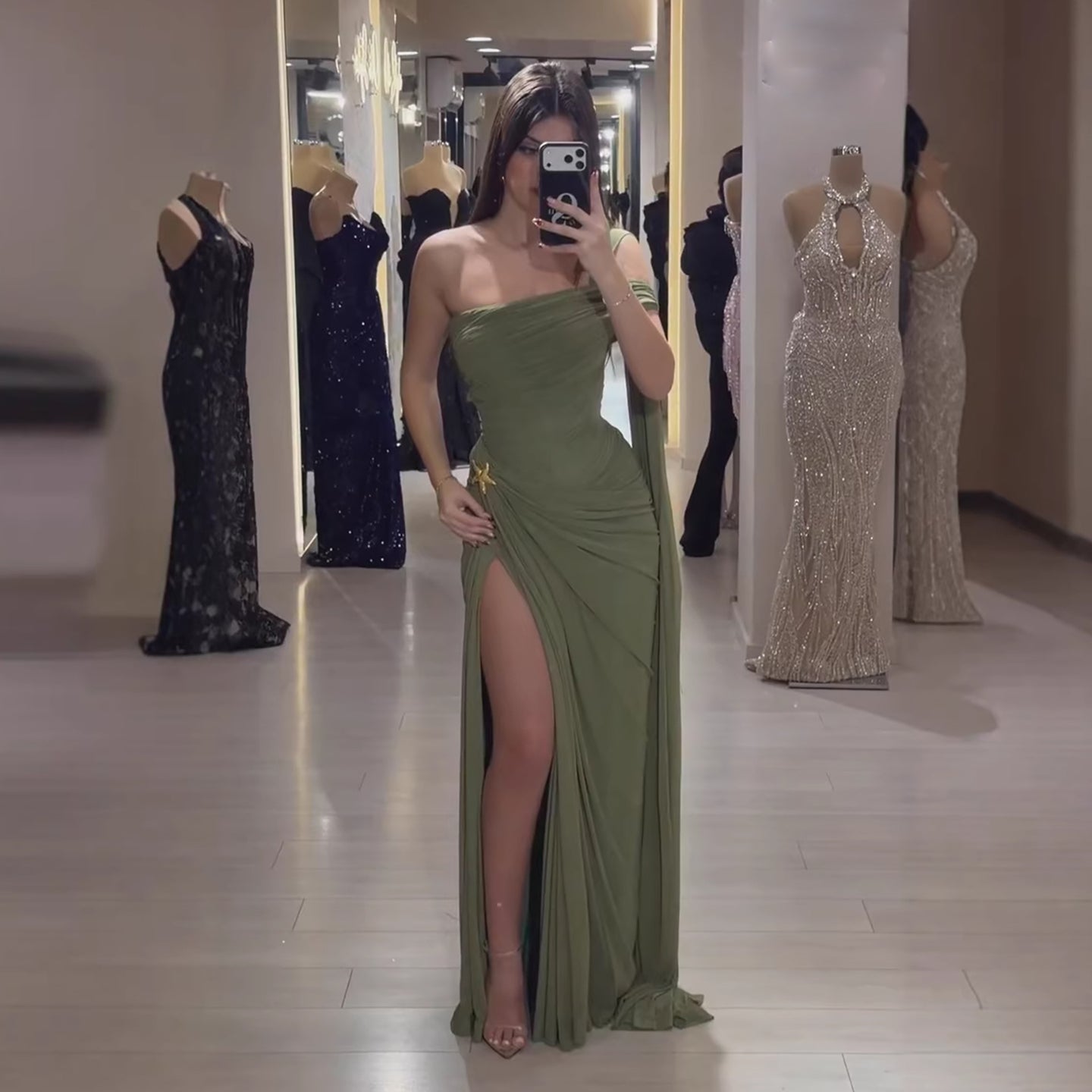 Olive Green Chiffon Off Shoulder Prom Evening Dress With Slit LA73653 Olive Green / 14